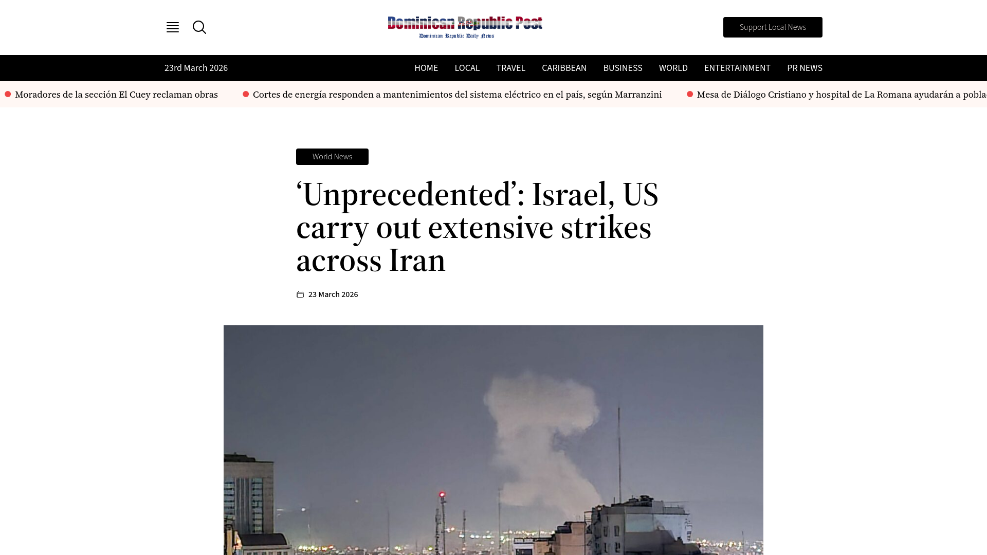 website screenshot of https://dominicanrepublicpost.com/unprecedented-israel-us-carry-out-extensive-strikes-across-iran/