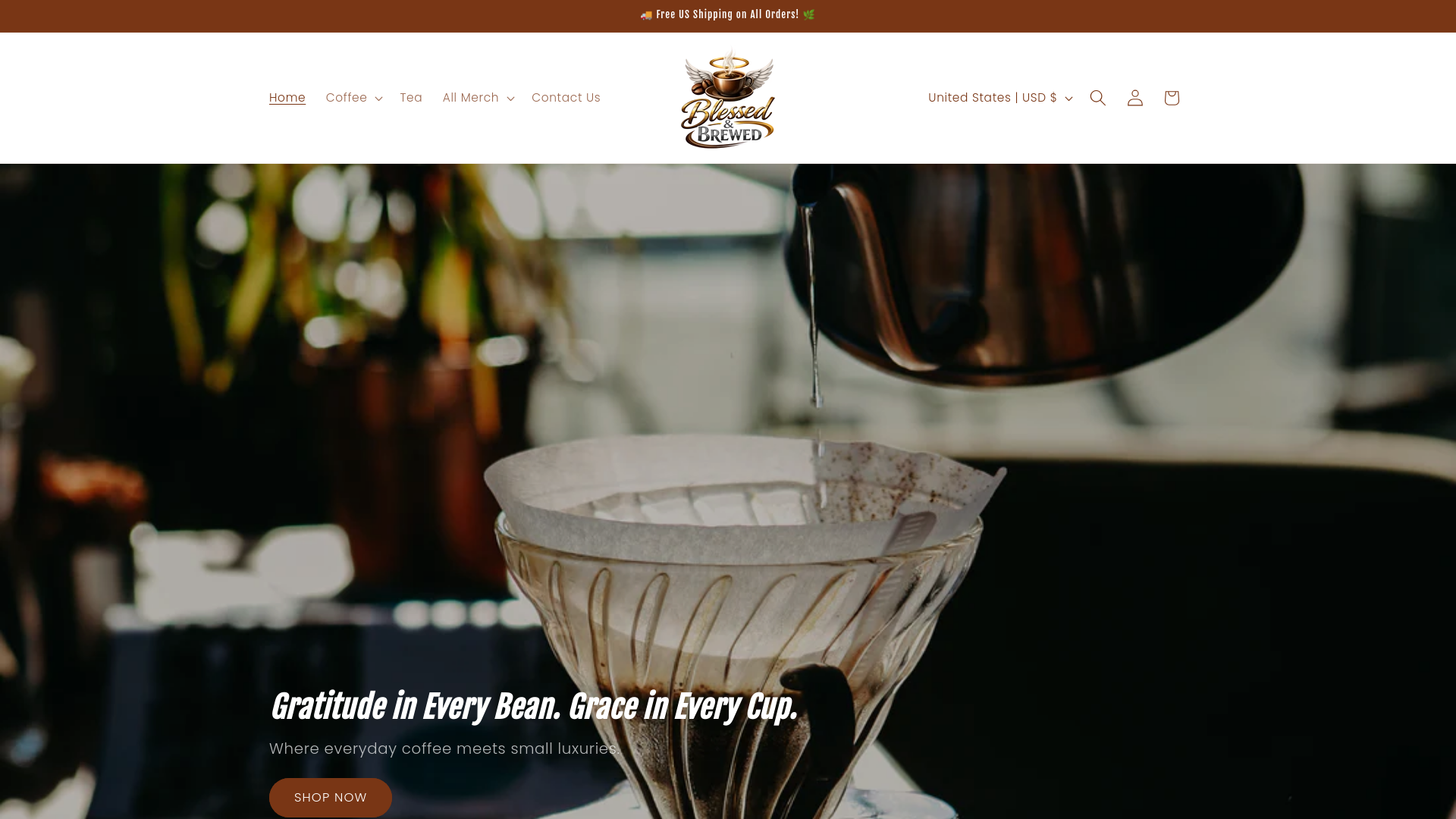 website screenshot of https://blessedandbrewedcoffee.com/