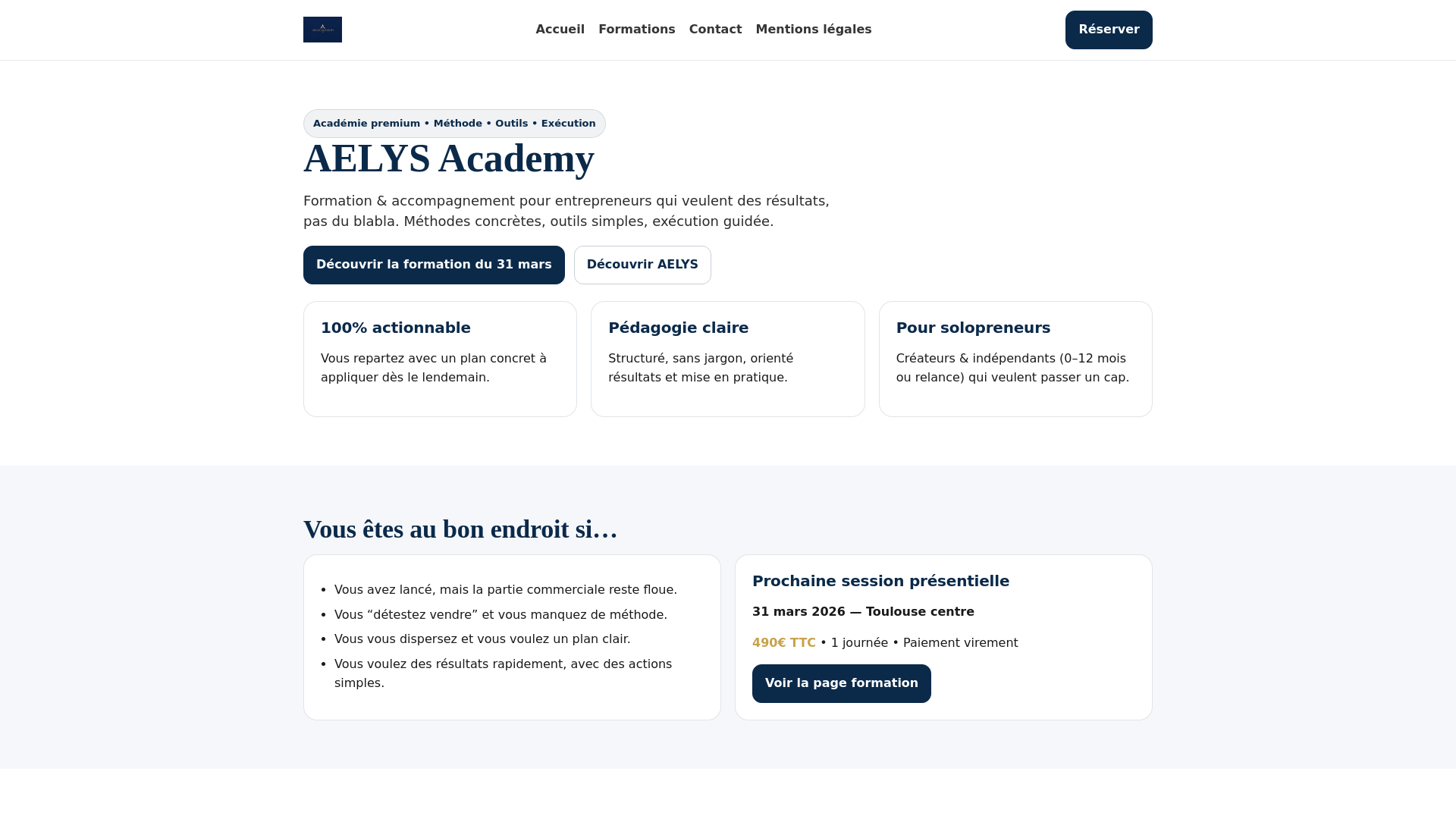 website screenshot of https://aelys-academy.com/
