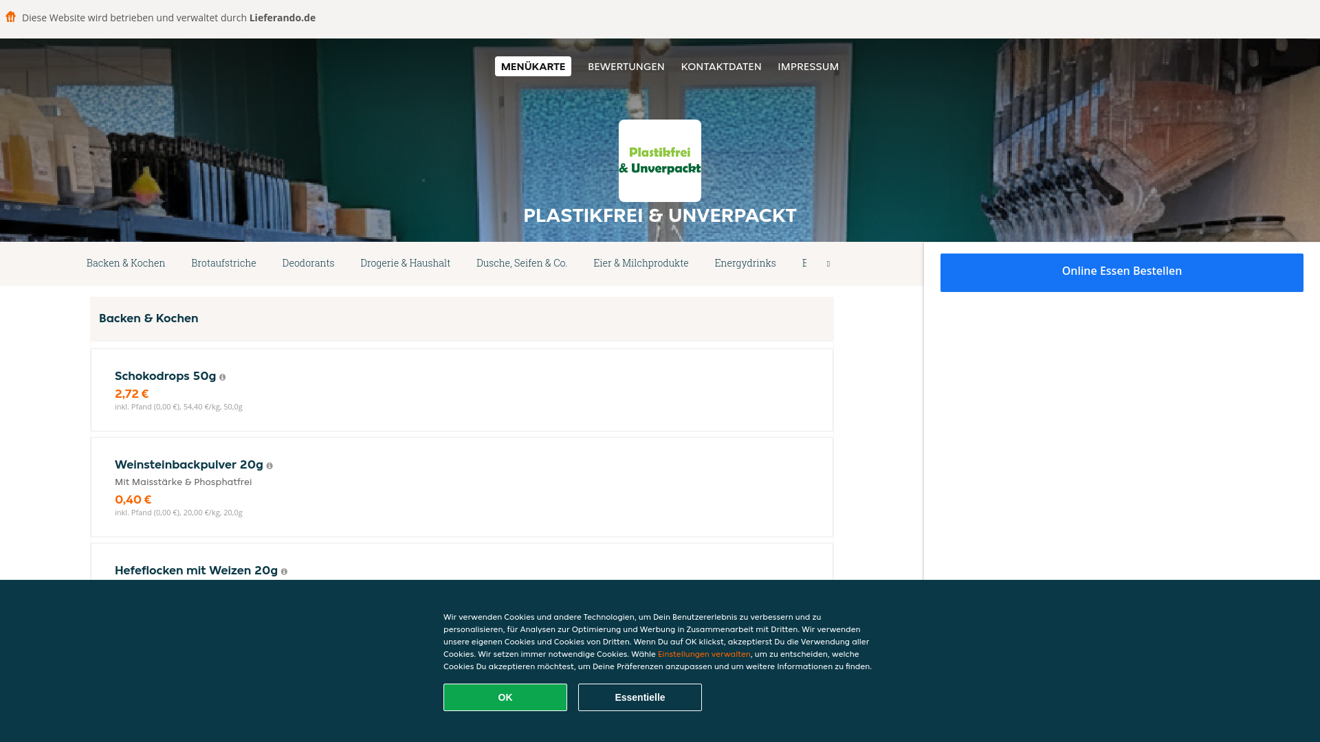 website screenshot of https://plastikfrei-unverpackt-essen.de/