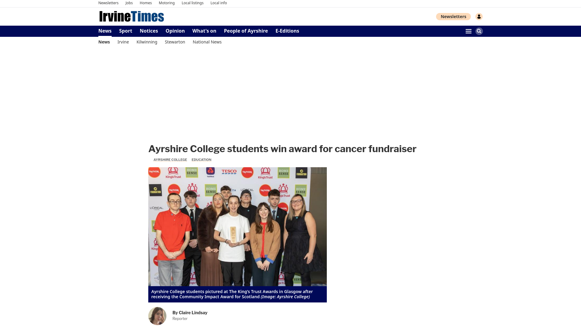 website screenshot of https://www.irvinetimes.com/news/25952156.ayrshire-college-students-win-award-cancer-fundraiser/