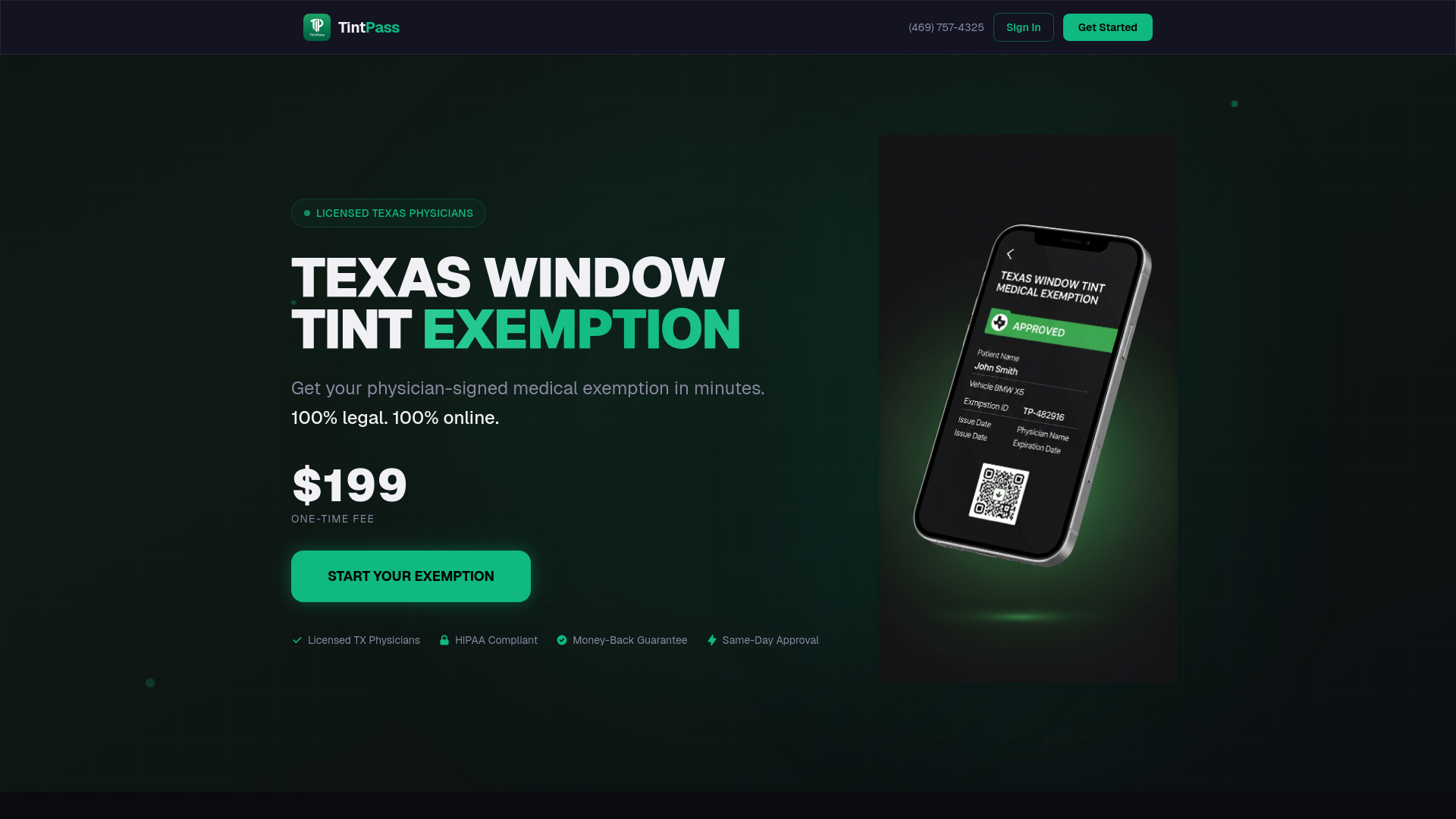 website screenshot of https://tintpassexemption.com/
