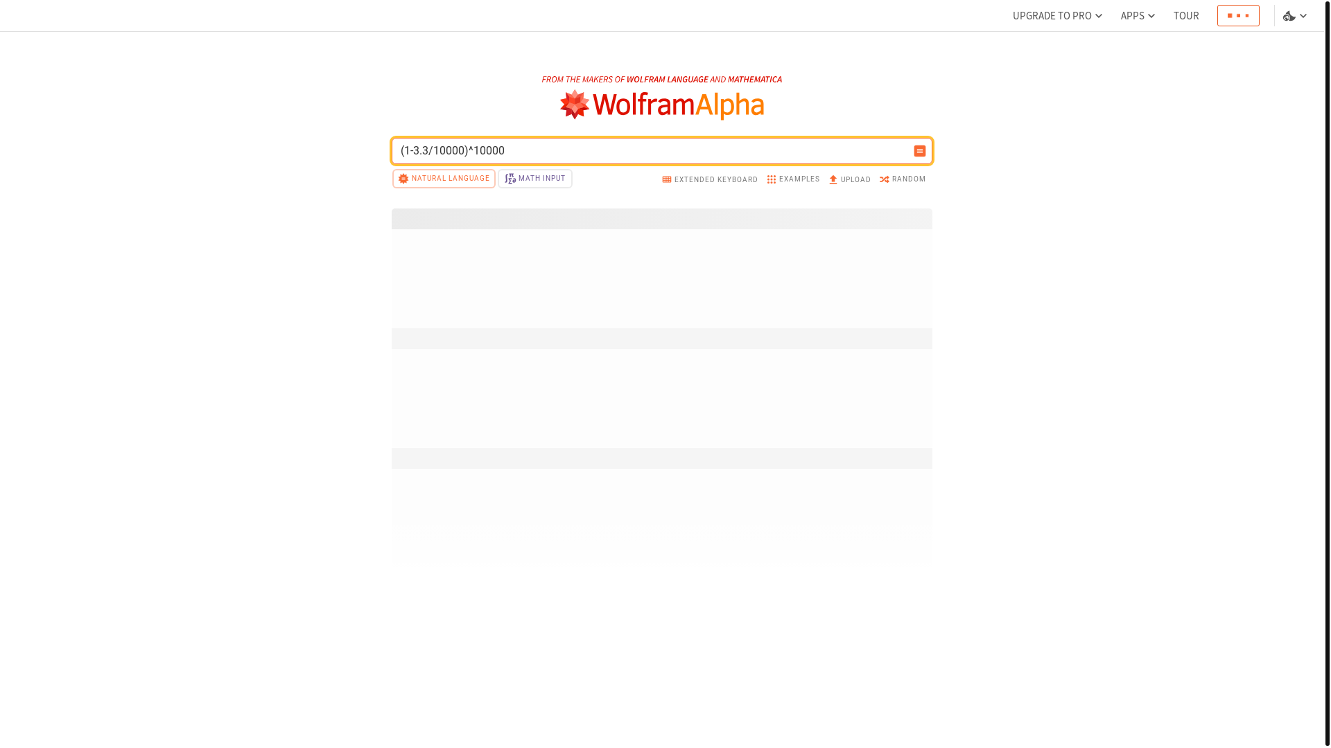 website screenshot of https://www.wolframalpha.com/input/?i=%281-3.3%2F10000%29%5E10000