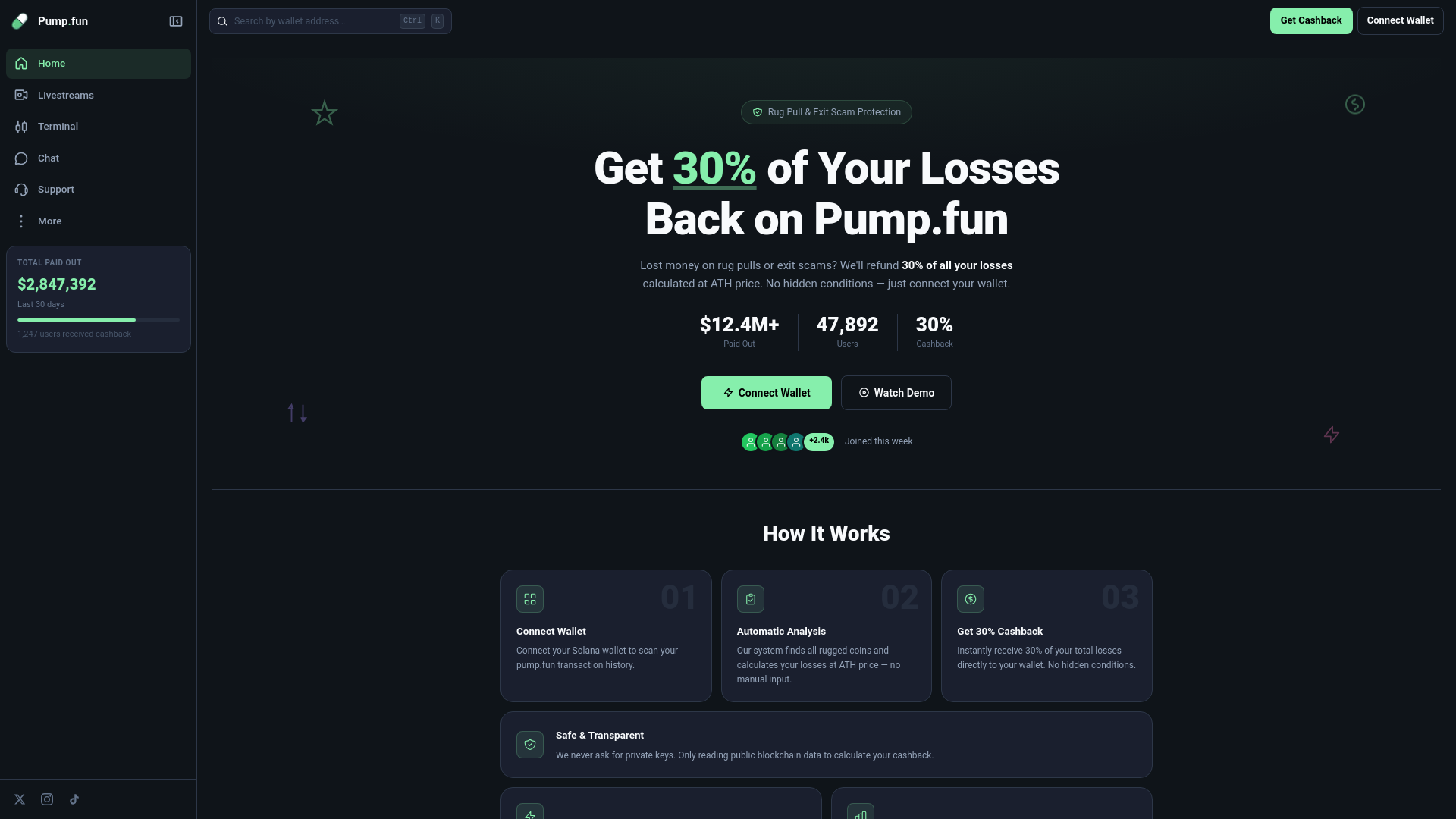 website screenshot of https://returns-pump.fun