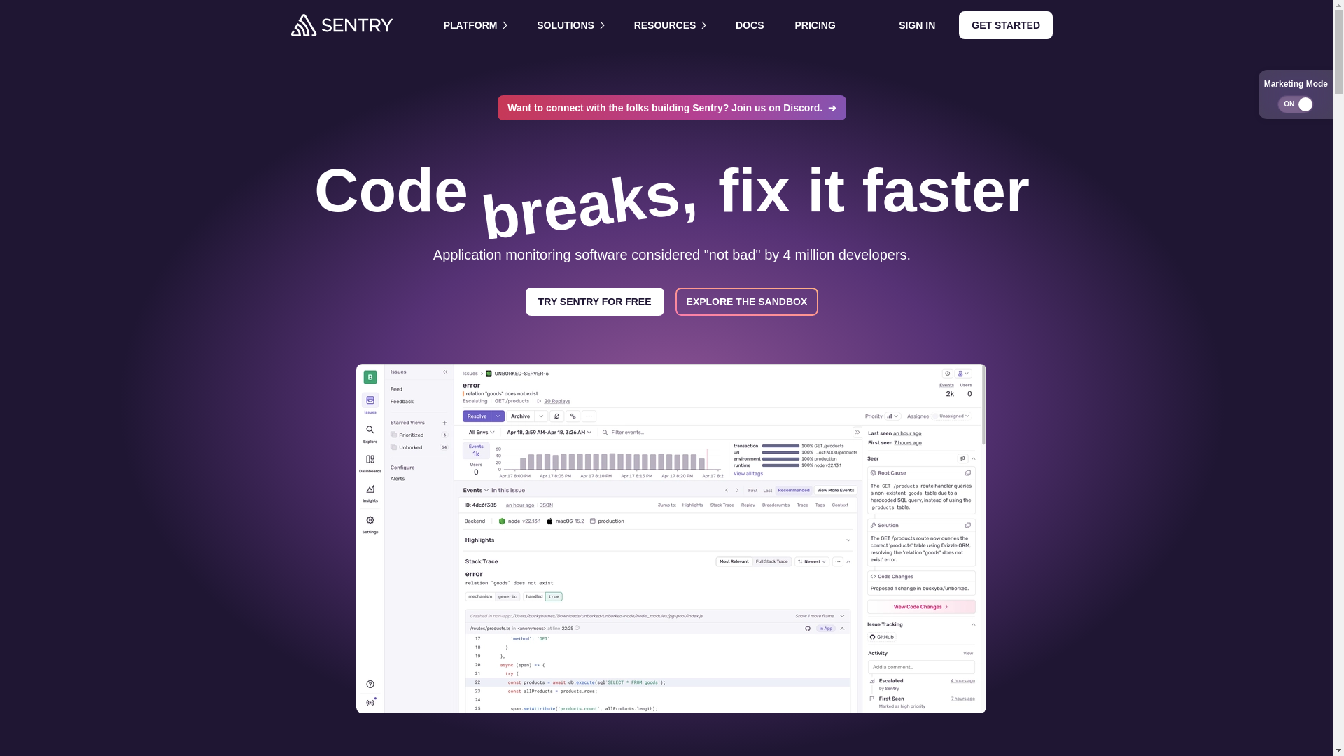 website screenshot of https://sentry.io/