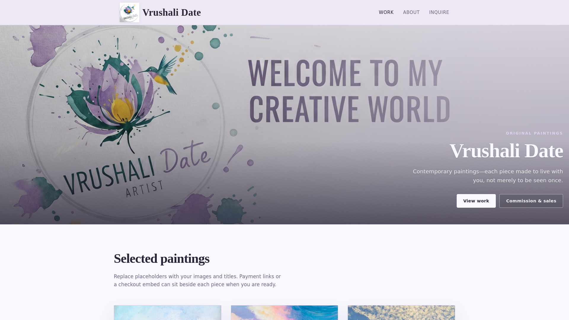 website screenshot of https://vrushalidate.art/