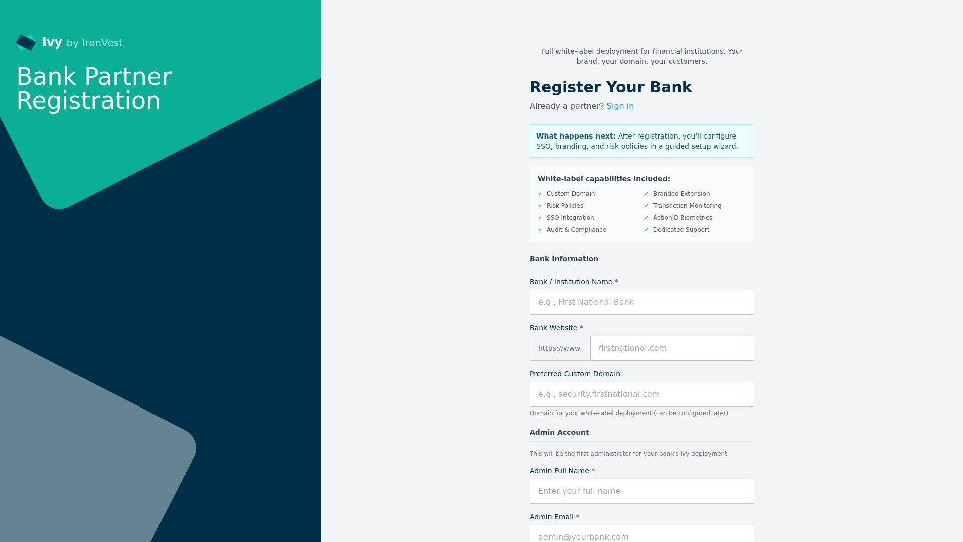 website screenshot of https://ivy-webapp-staging.onrender.com/signup/bank-partner