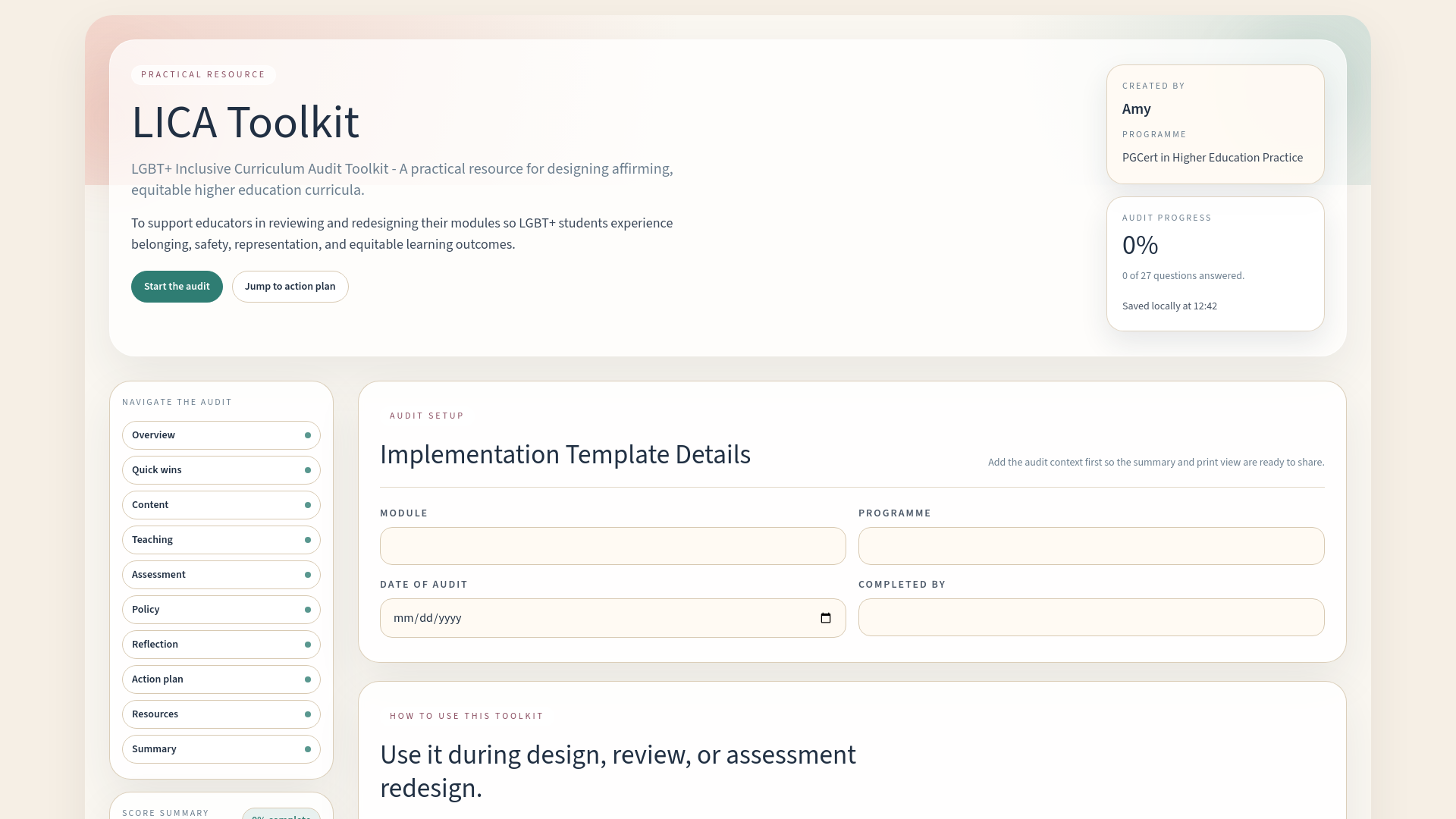 website screenshot of https://lgbt-inclusive-curriculum-audit-toolkit.pages.dev/