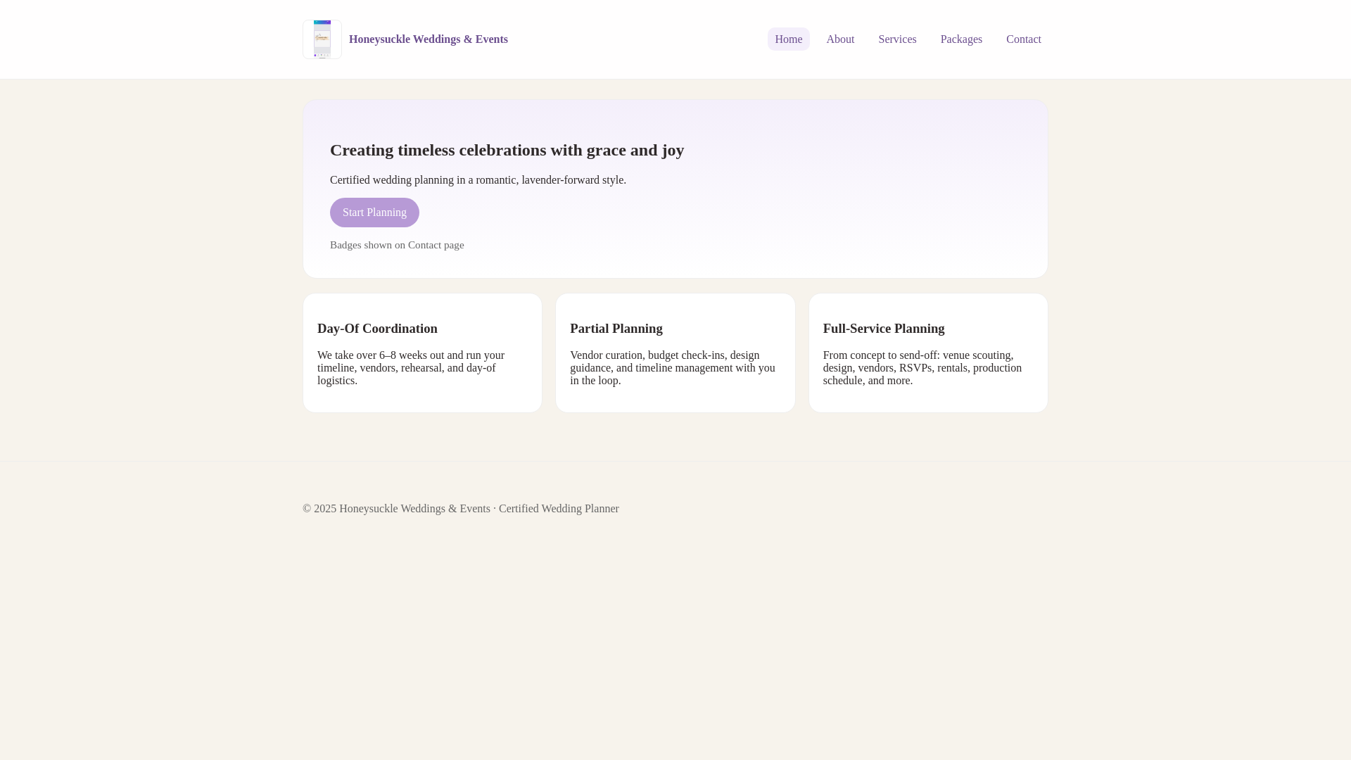 website screenshot of https://honeysuckleweddings.events/