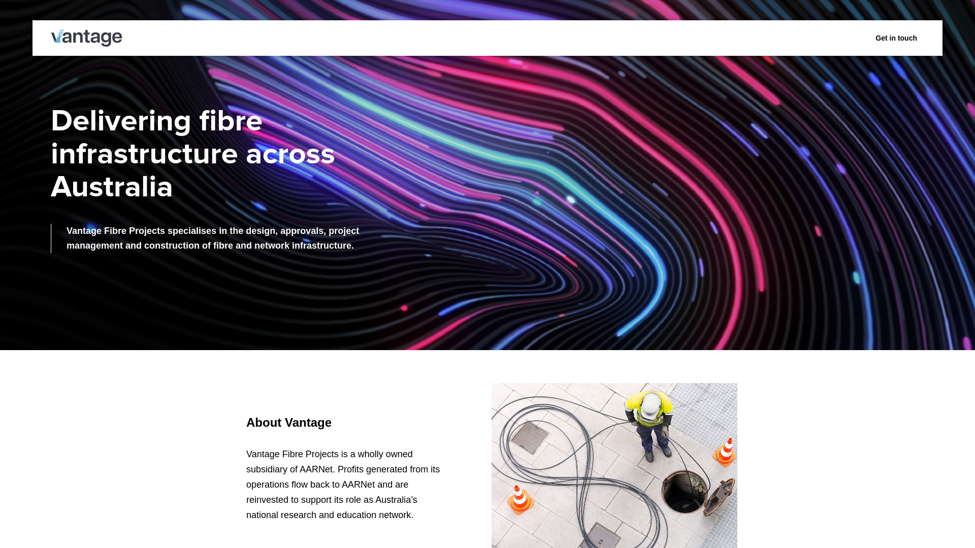 website screenshot of https://vantagefibreprojects.com/