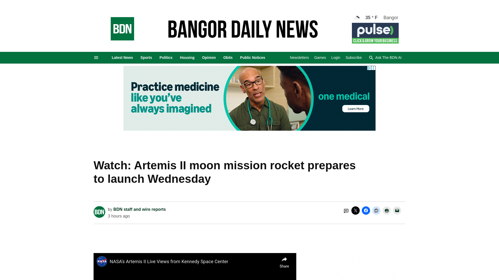 website screenshot of https://www.bangordailynews.com/2026/04/01/nation/watch-artemis-ii-moon-mission-rocket-launch/