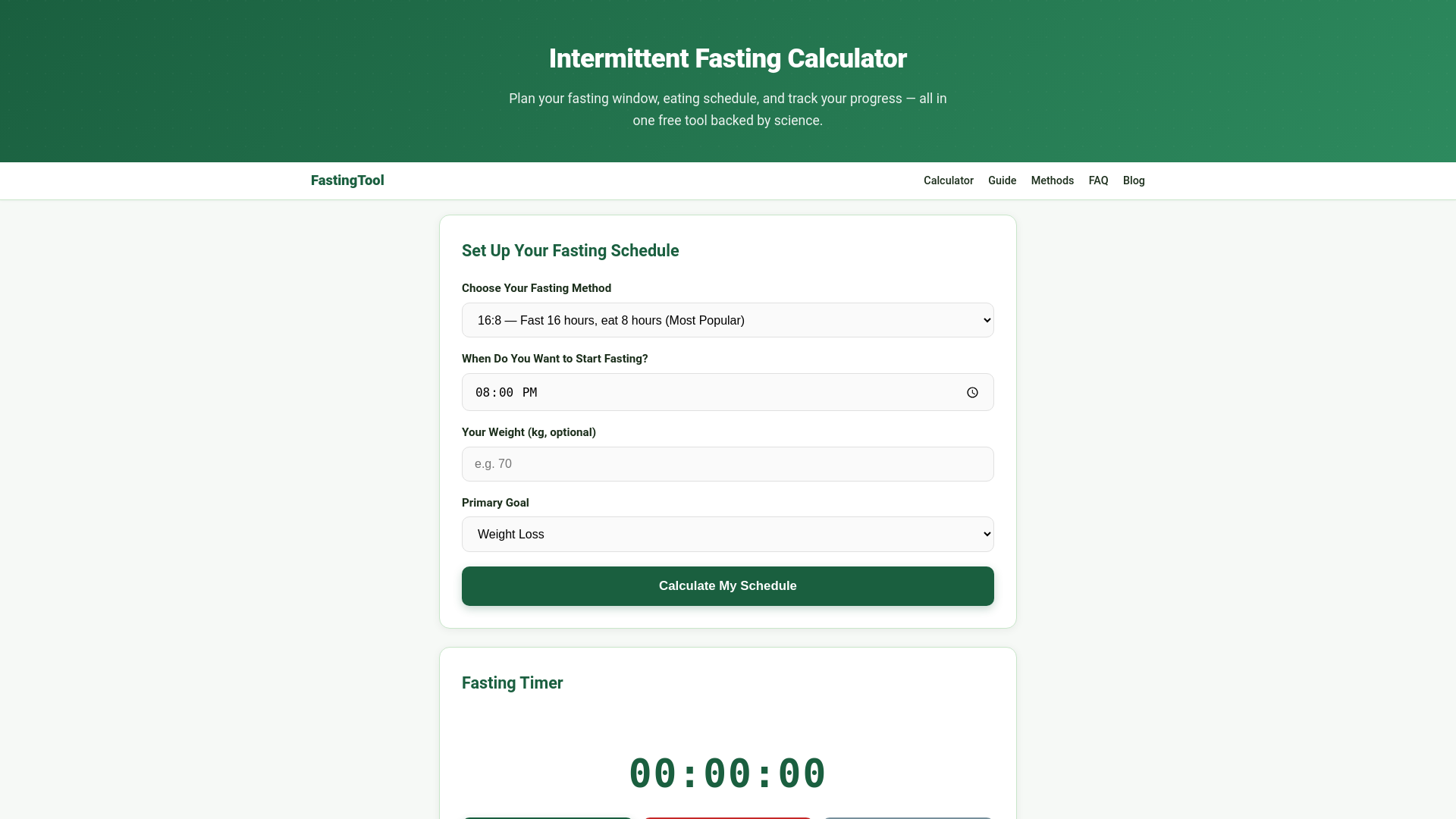 website screenshot of https://fastingtool.org/