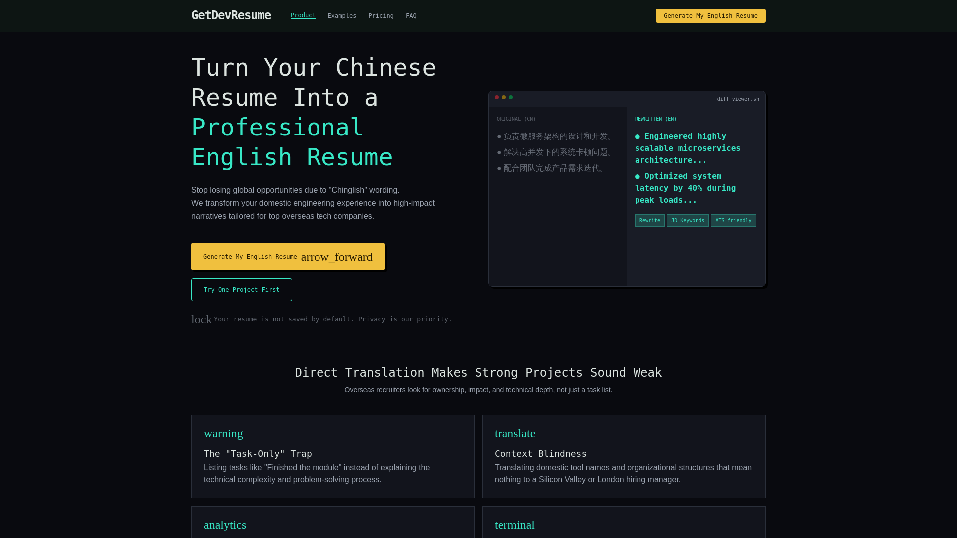 website screenshot of https://getdevresume.com/