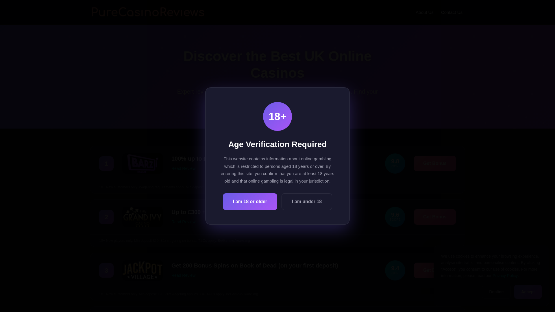 website screenshot of https://purecasinoreviews.com/