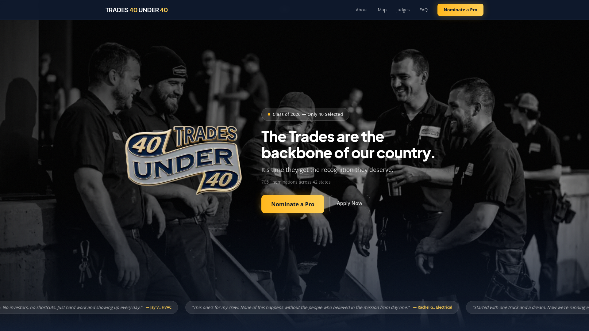 website screenshot of https://40under40trades.com