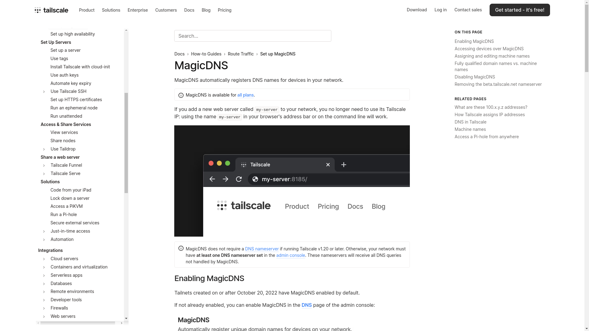 website screenshot of https://tailscale.com/kb/1081/magicdns