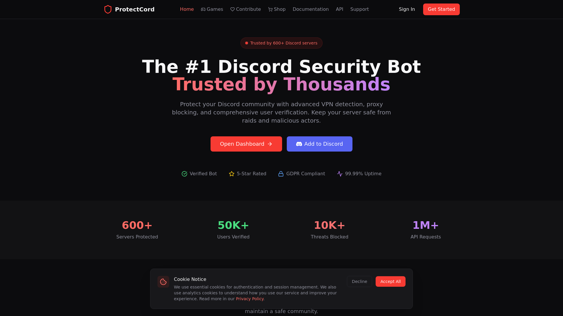 website screenshot of https://protectcord-dashboard.pages.dev/