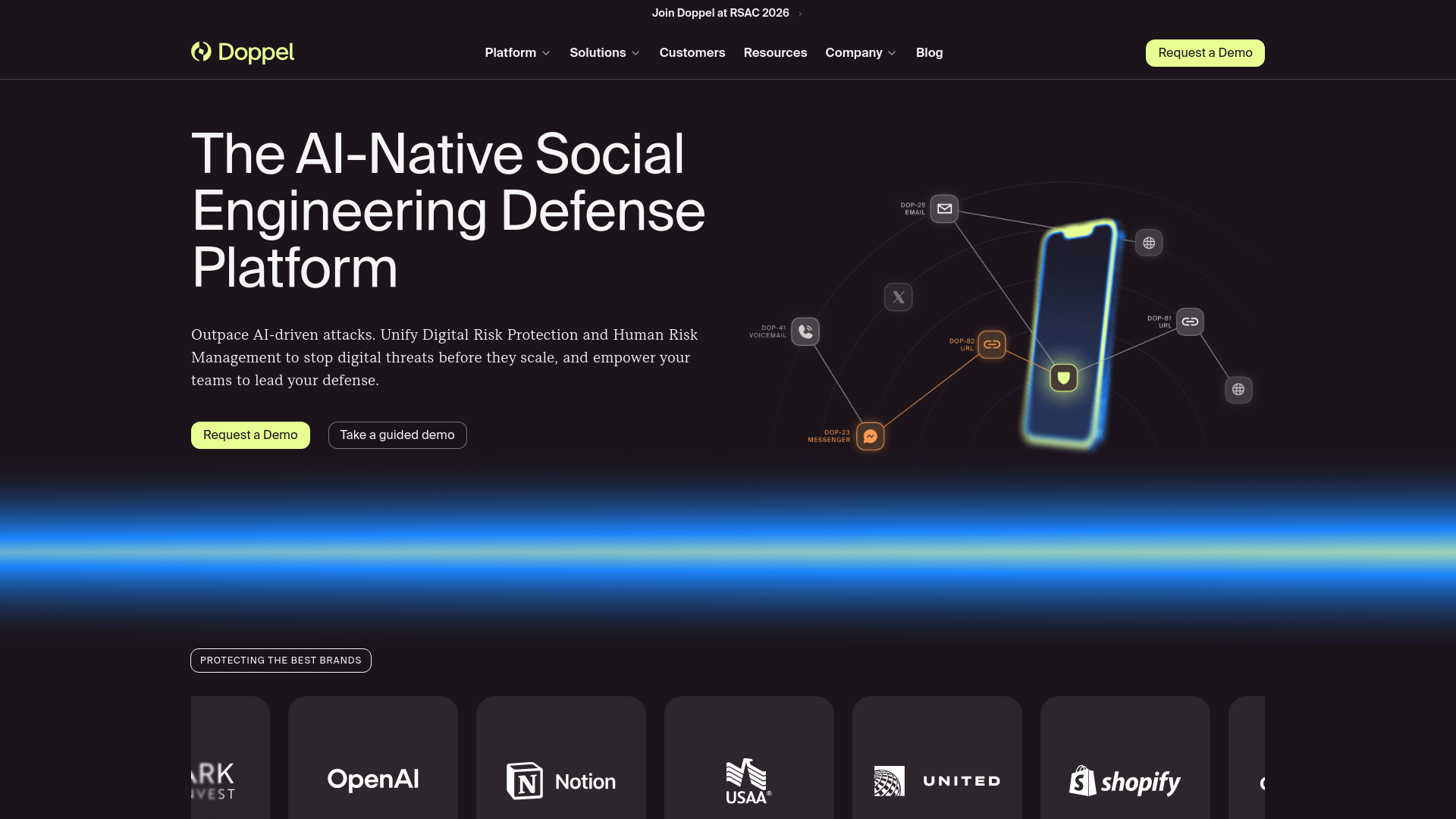 website screenshot of https://www.doppel.com/