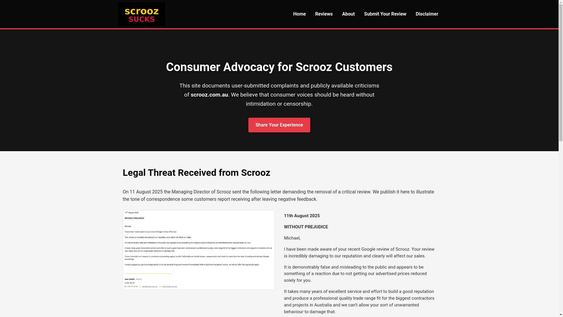 website screenshot of https://scroozsucks.com/
