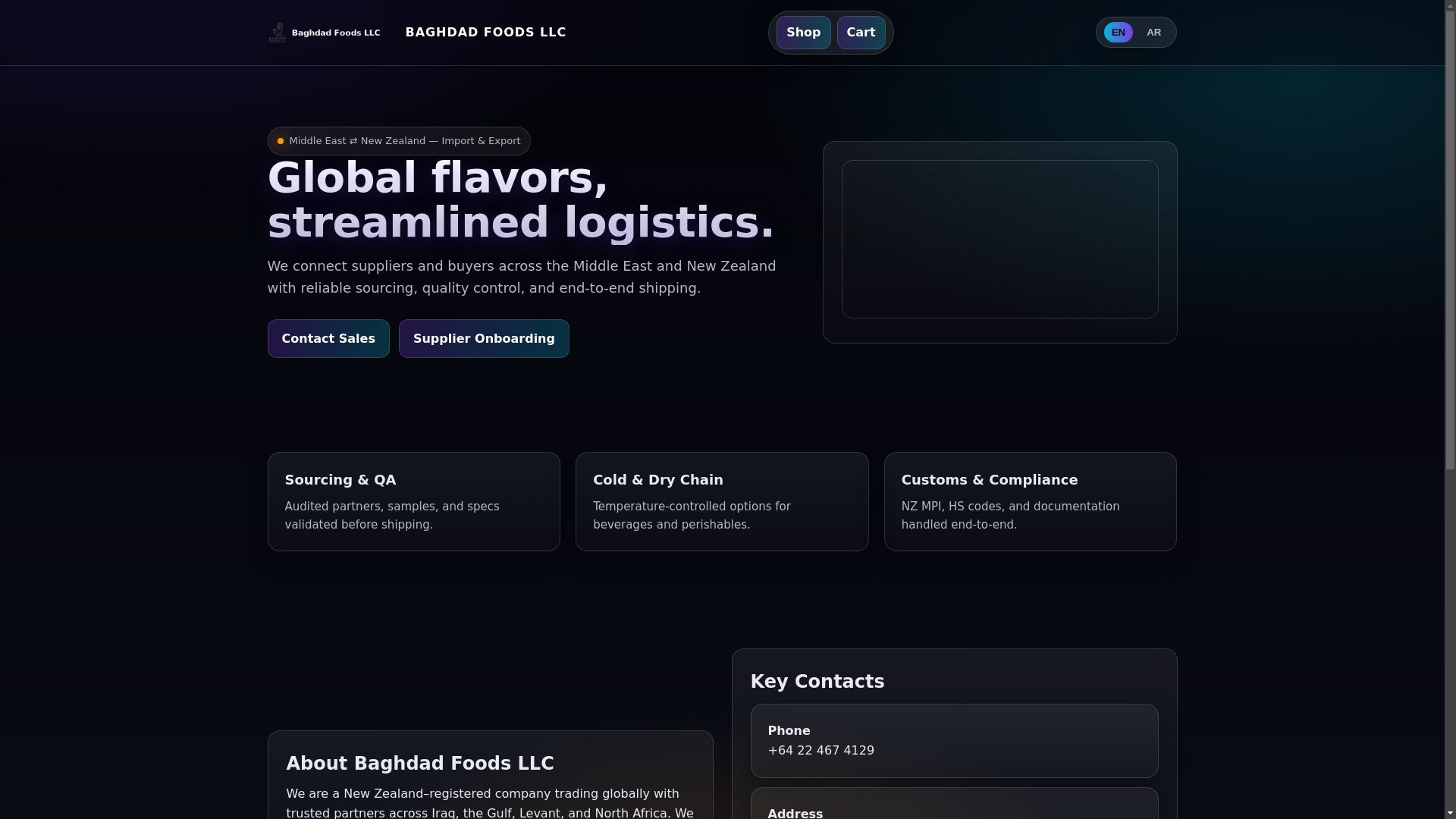 website screenshot of https://baghdadfoods.com/