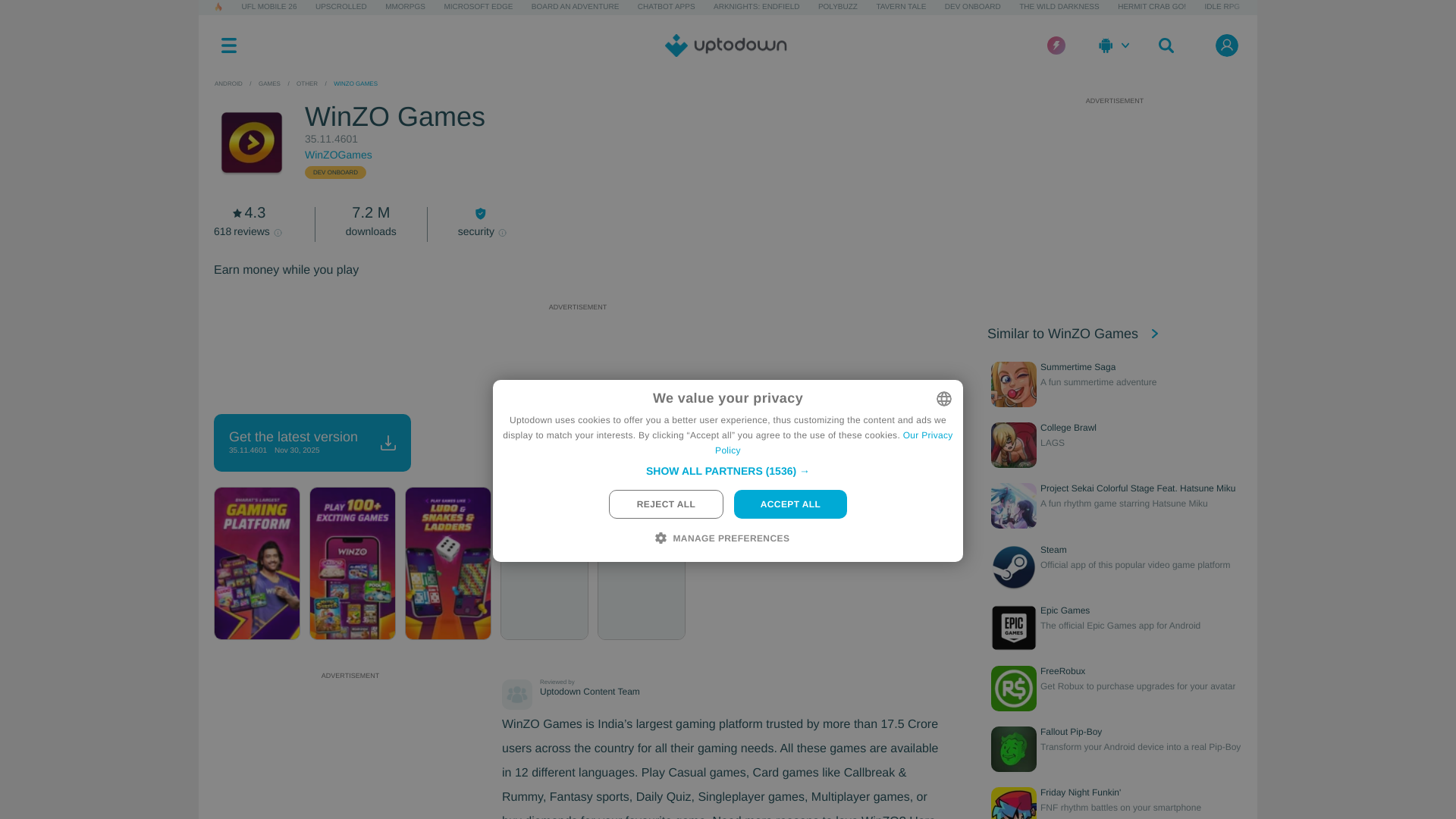 website screenshot of https://winzo-gold.en.uptodown.com