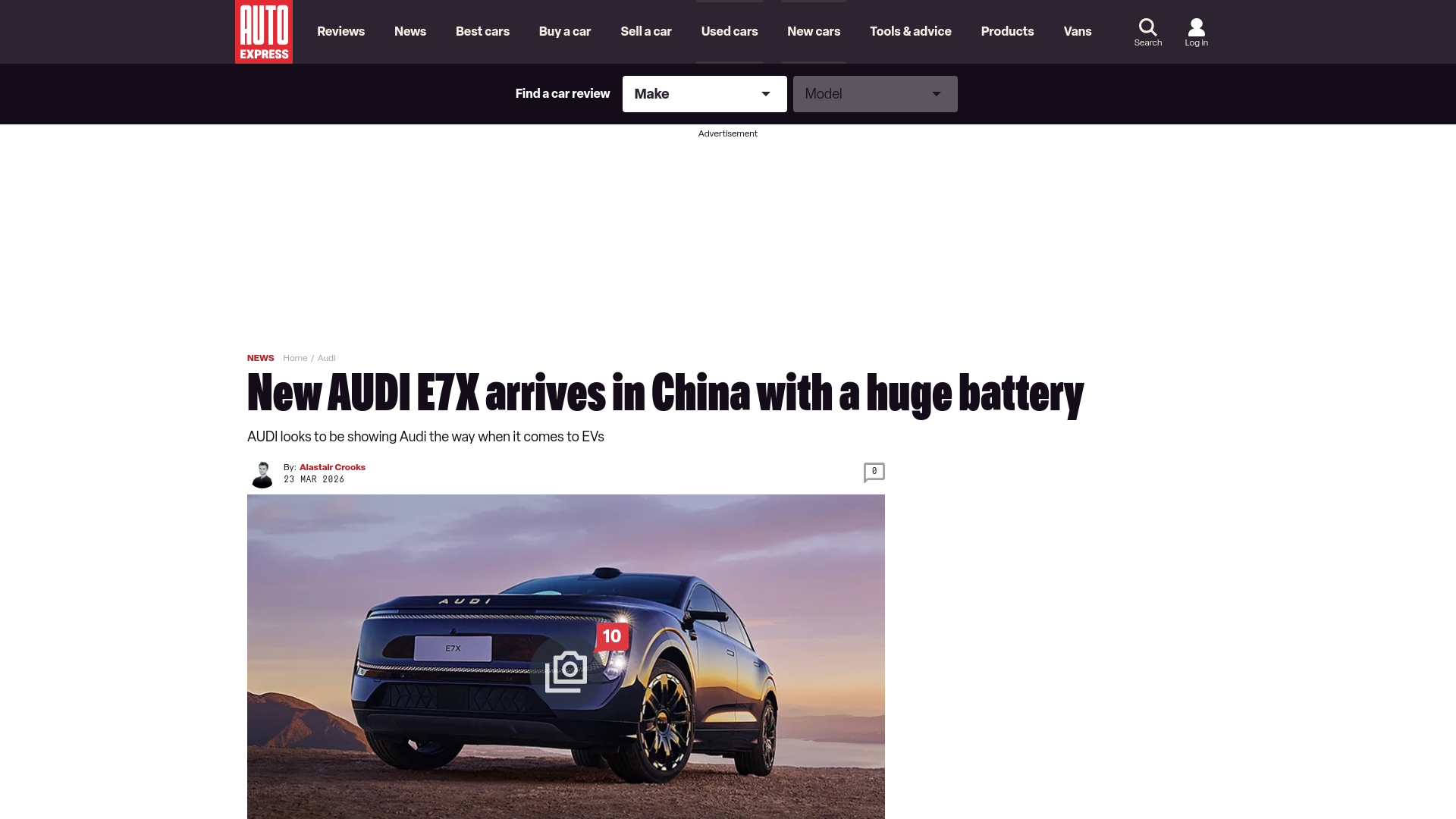 website screenshot of https://www.autoexpress.co.uk/audi/368389/new-audi-e7x-arrives-china-huge-battery