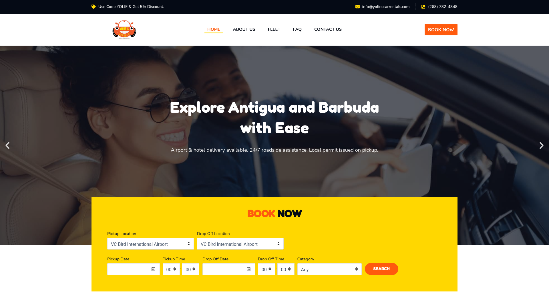 website screenshot of https://yoliescarrentals.com