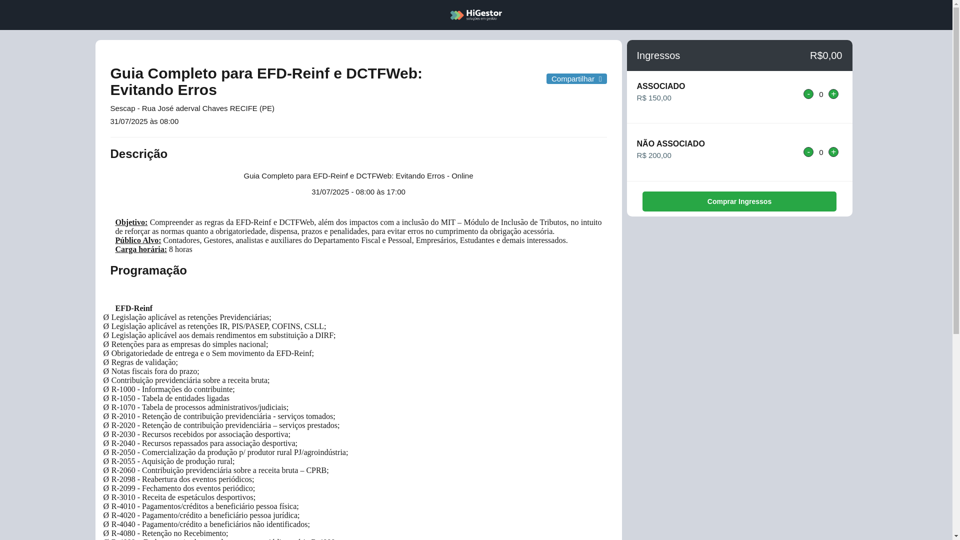 website screenshot of https://app.higestor.com.br/inscricao/14926/guia-completo-para-efd-reinf-e-dctfweb-evitando-erros