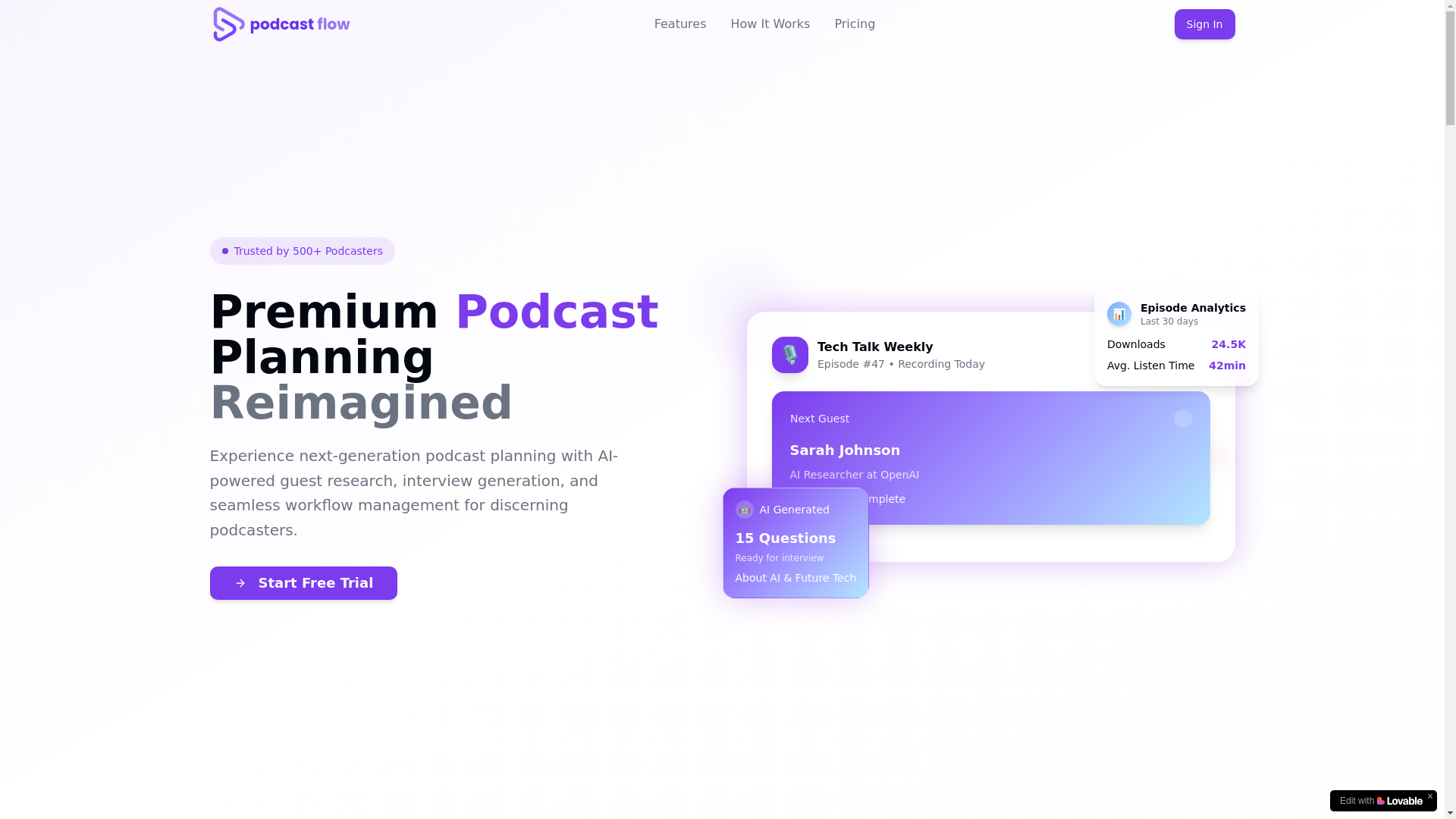 website screenshot of https://podcastflow.app/