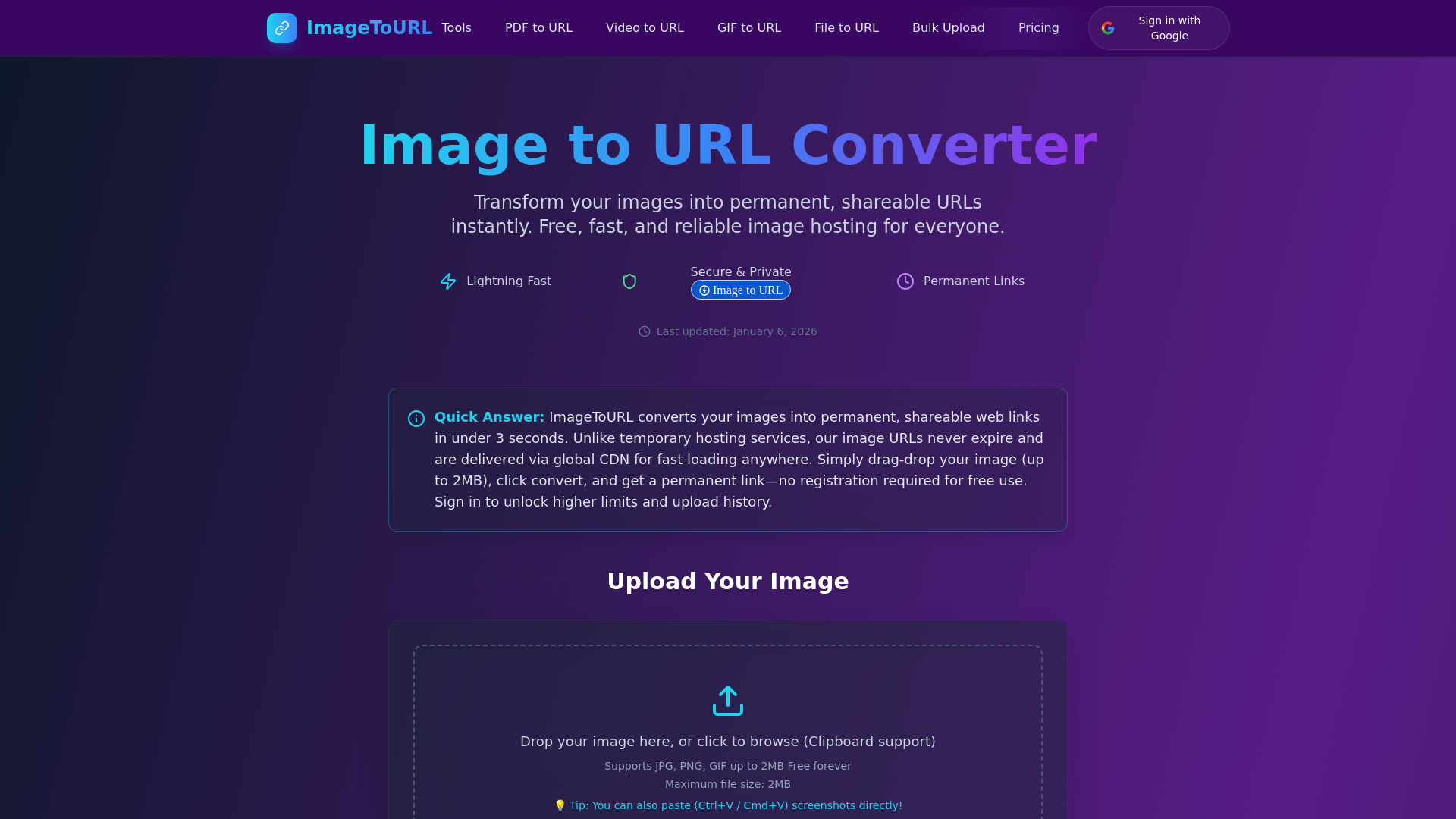 website screenshot of https://image2url.com/