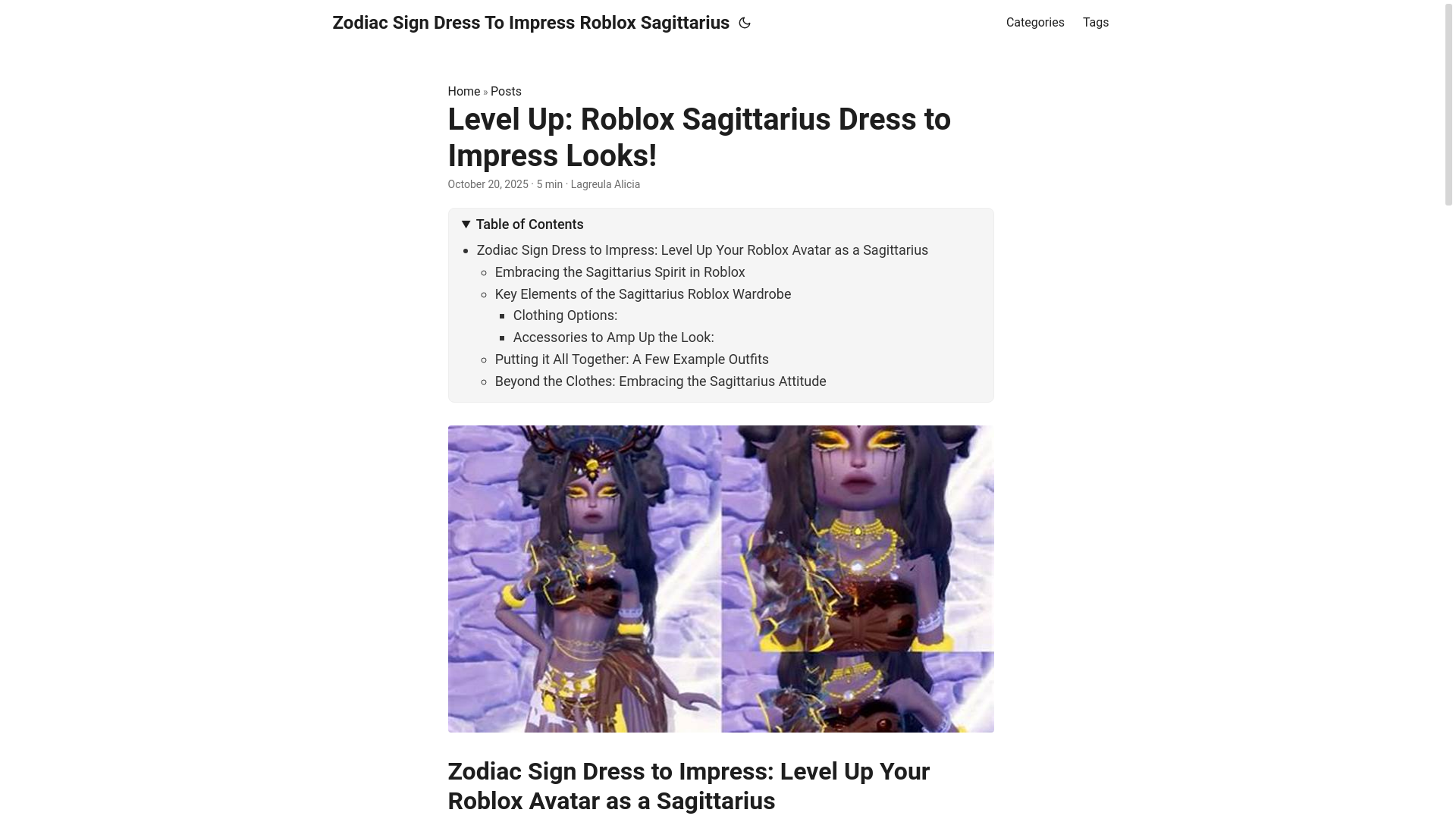 website screenshot of https://zodiac-sign-dress-to-impress-roblox-sagittarius.pages.dev/