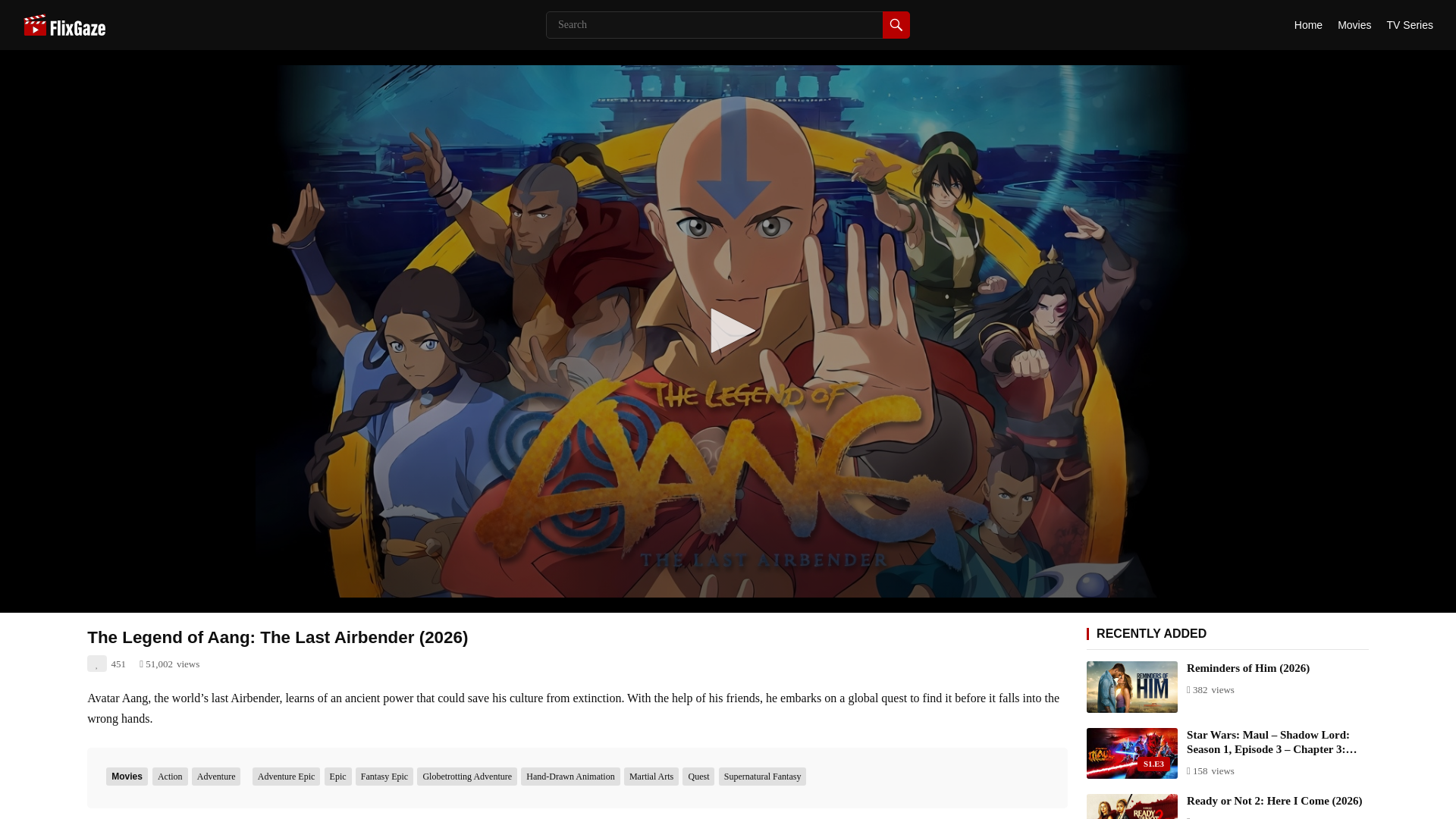 website screenshot of https://www.flixgaze.com/movie/the-legend-of-aang-the-last-airbender-2026.html
