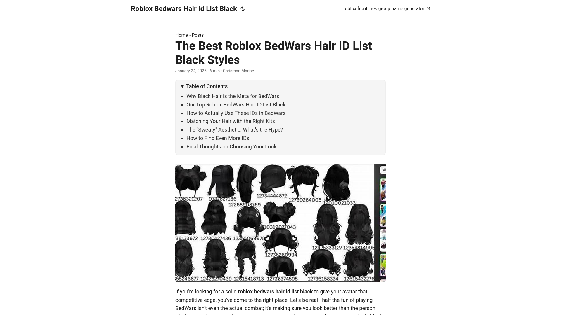 website screenshot of https://roblox-bedwars-hair-id-list-black.pages.dev/