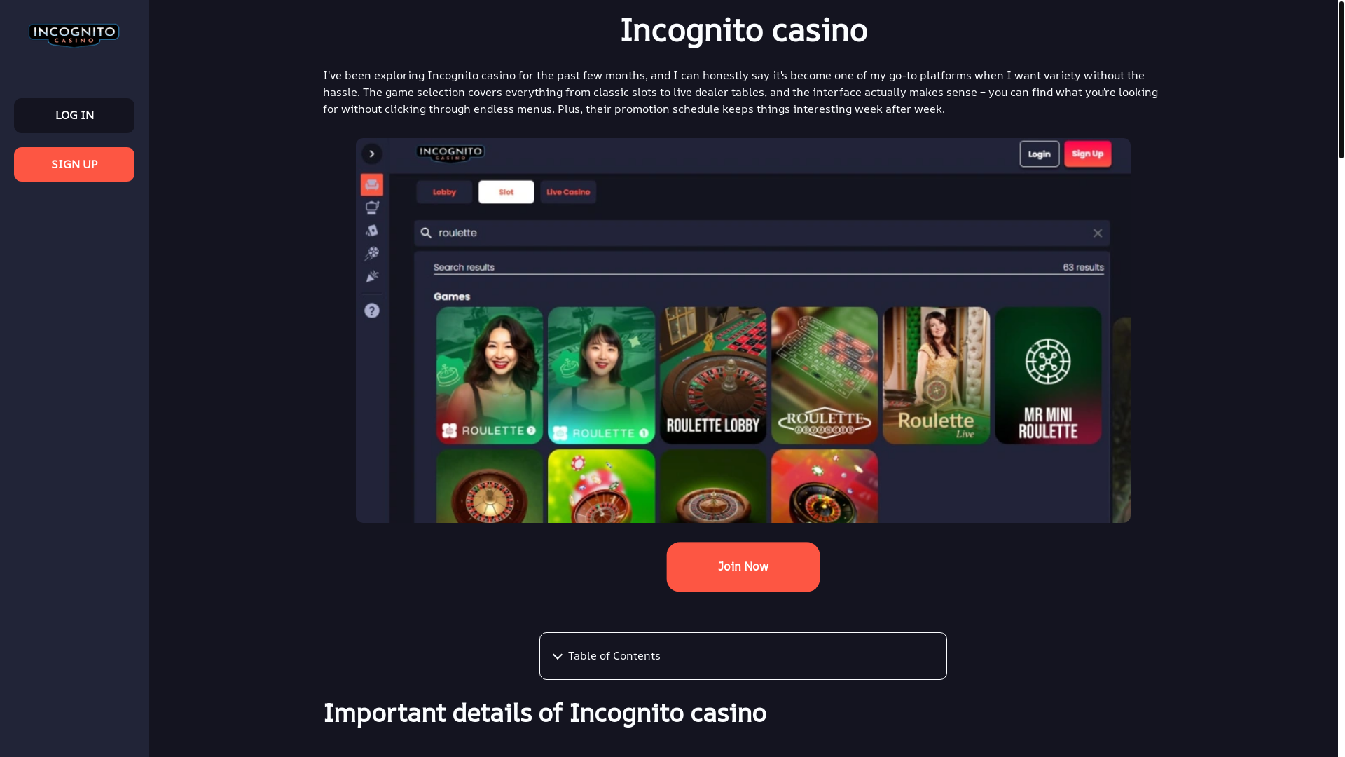 website screenshot of https://incognito-casinos.org/