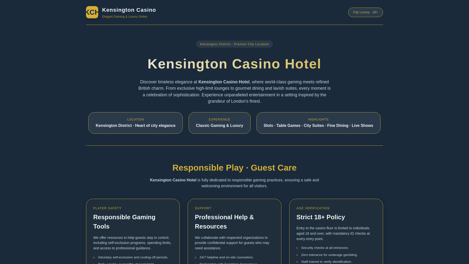 website screenshot of https://kensingtoncasinohotel.com