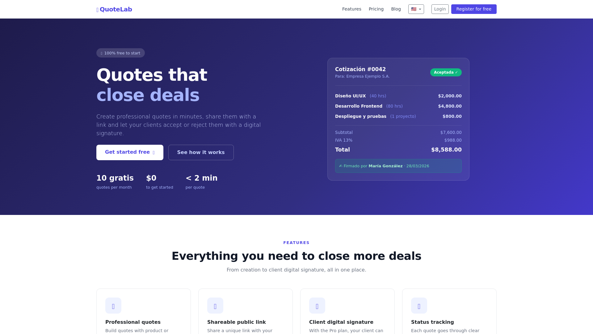 website screenshot of https://quotelab.app