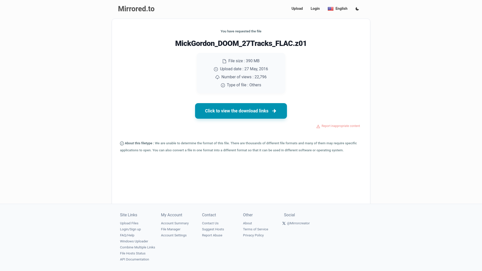 website screenshot of http://www.mirrorcreator.com/files/XKMTMFUF/MickGordon_DOOM_27Tracks_FLAC.z01_links