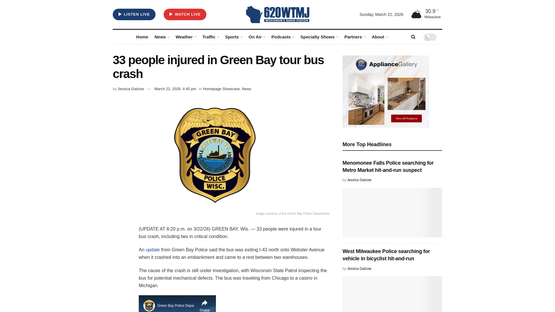website screenshot of https://wtmj.com/news/2026/03/22/33-people-injured-in-green-bay-tour-bus-crash/