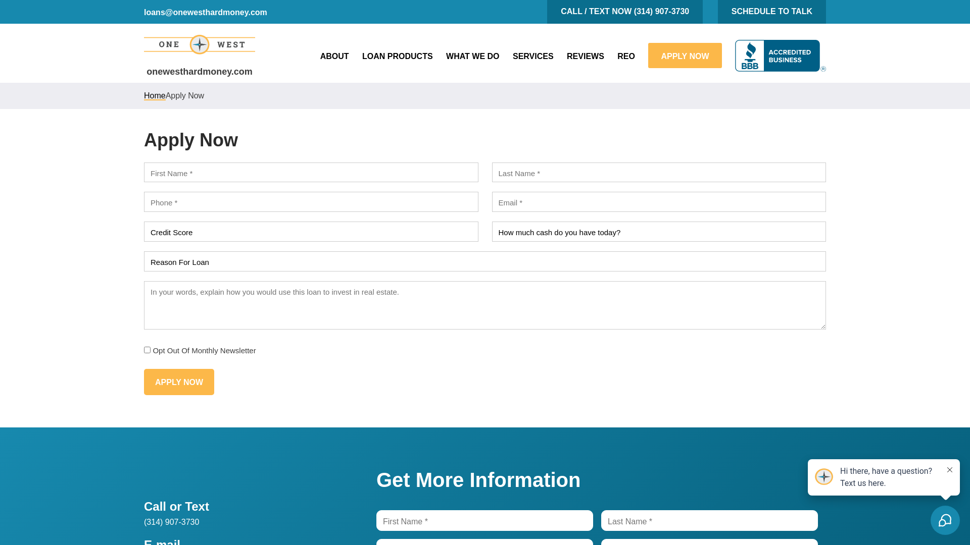 website screenshot of https://onewesthardmoney.com/apply-now/