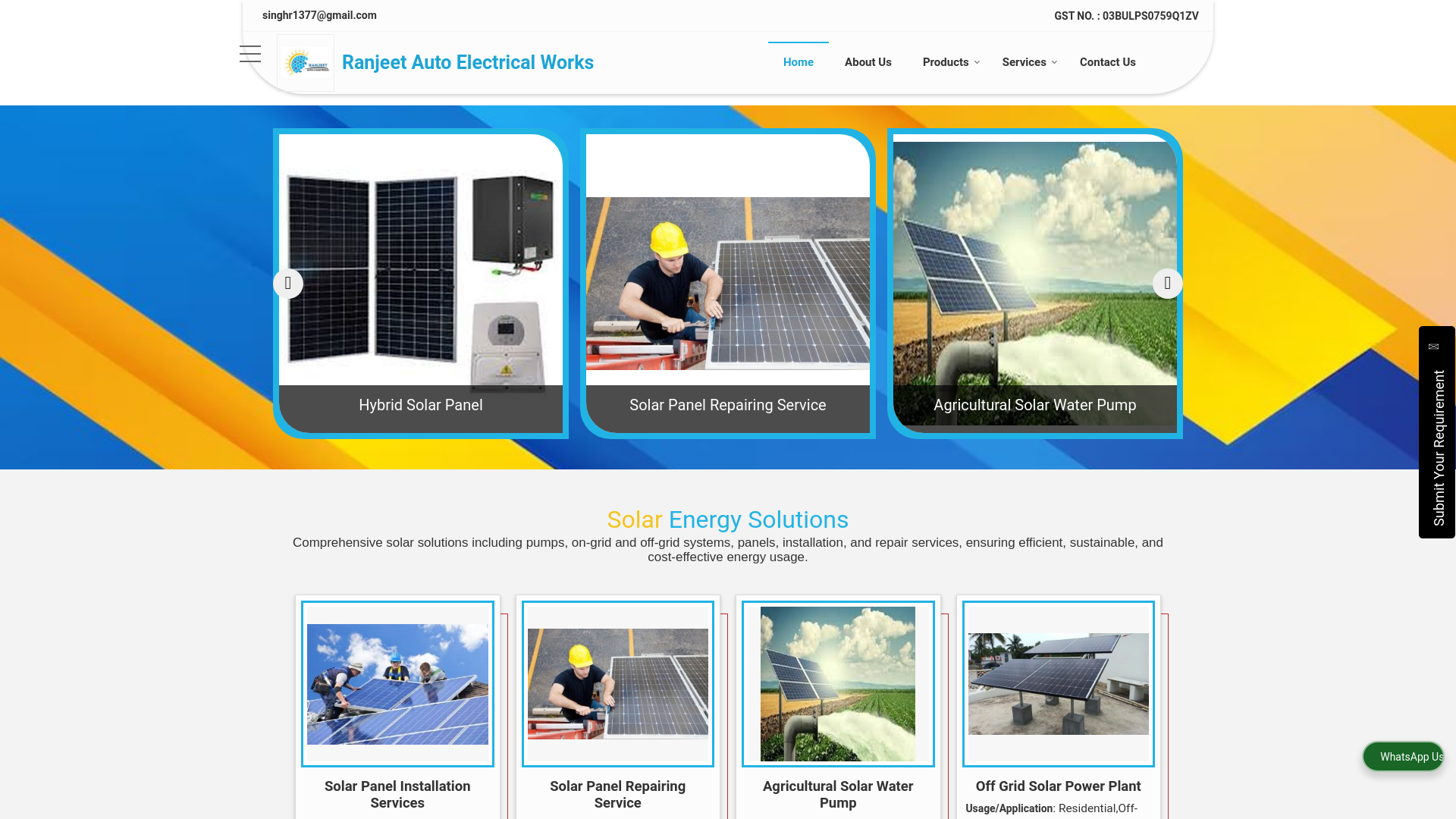 website screenshot of https://ranjeetsolar.in