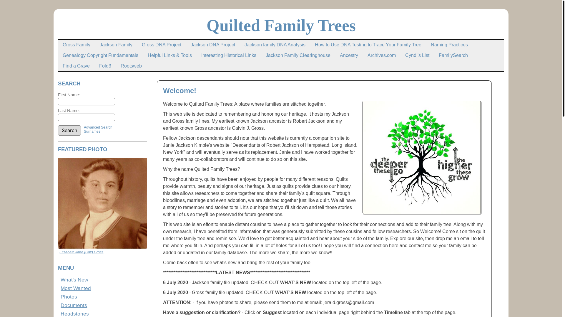 website screenshot of https://quiltedfamilytrees.net/