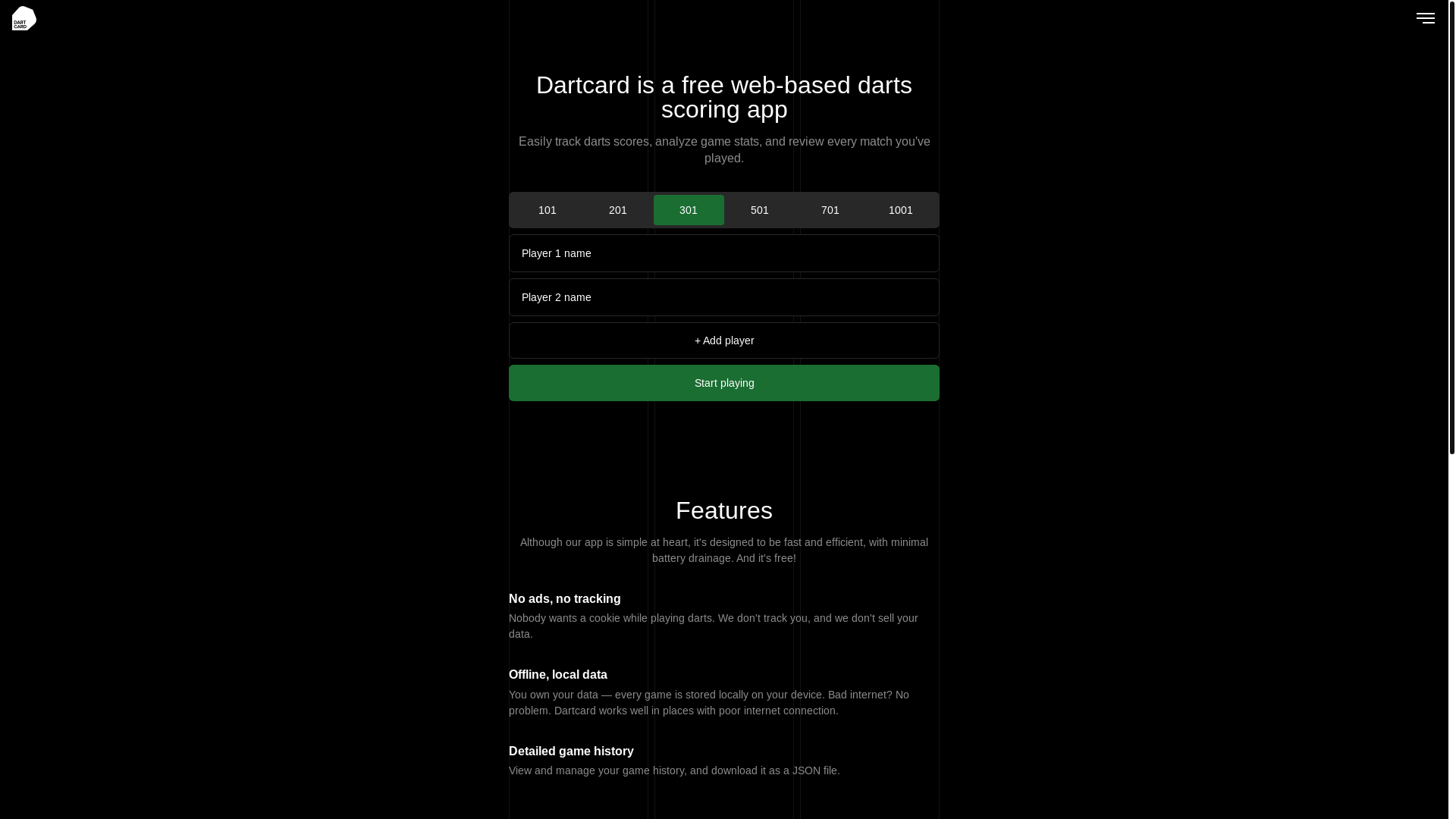 website screenshot of https://dartcard.app/