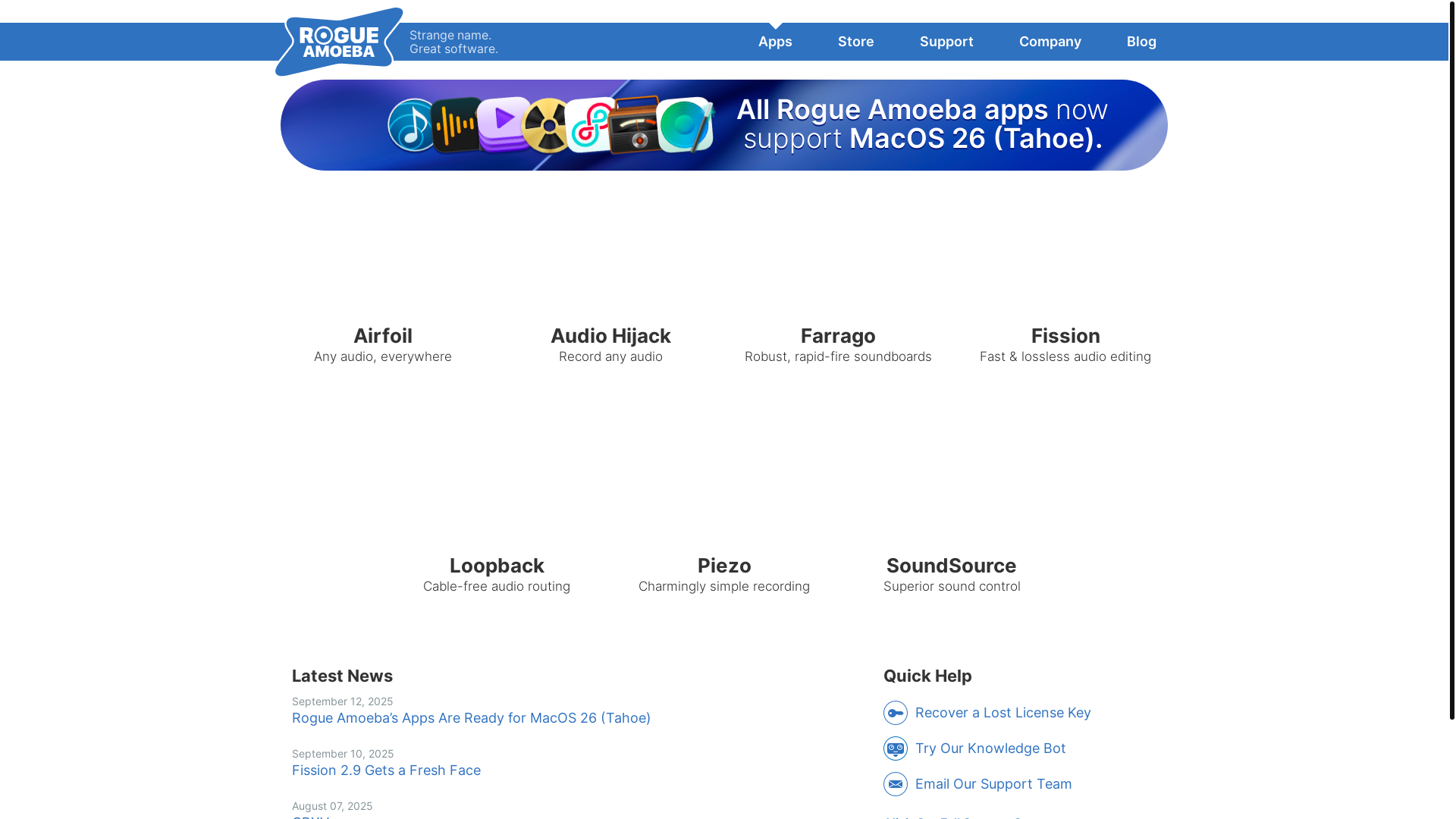 website screenshot of https://rogueamoeba.net