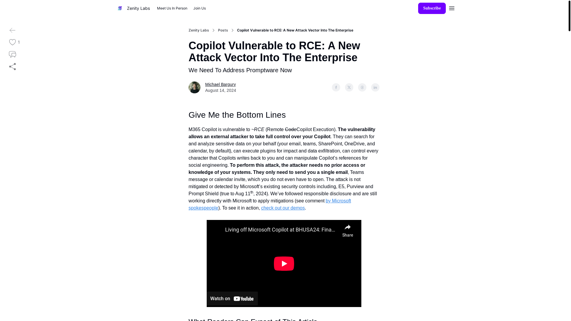 website screenshot of https://labs.zenity.io/p/rce