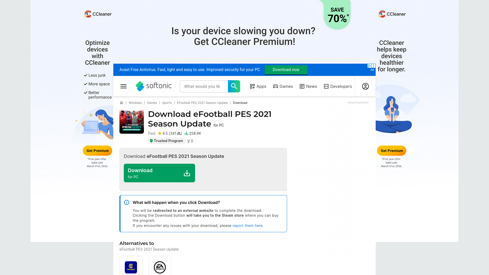 website screenshot of https://efootball-pes-2021-season-update.en.softonic.com/download