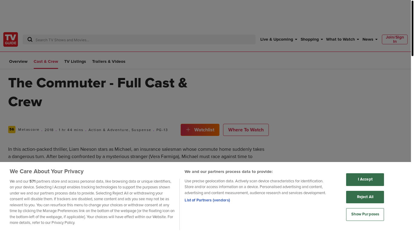 website screenshot of https://www.tvguide.com/movies/the-commuter/cast/2030312271/