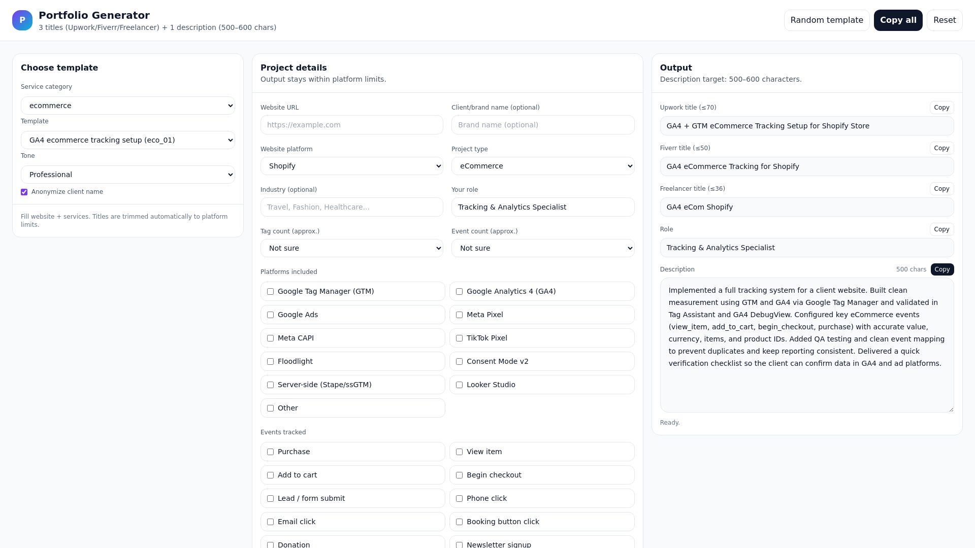 website screenshot of https://web-analytics-portfolio-generator.pages.dev/