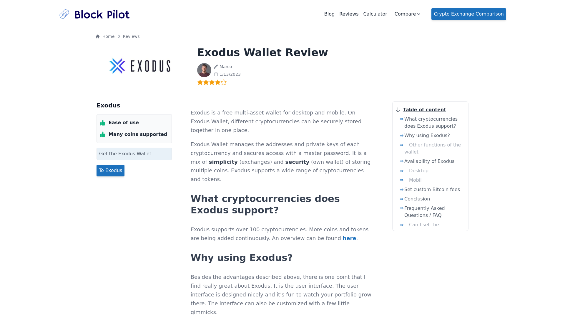 website screenshot of https://block-pilot.com/reviews/exodus/