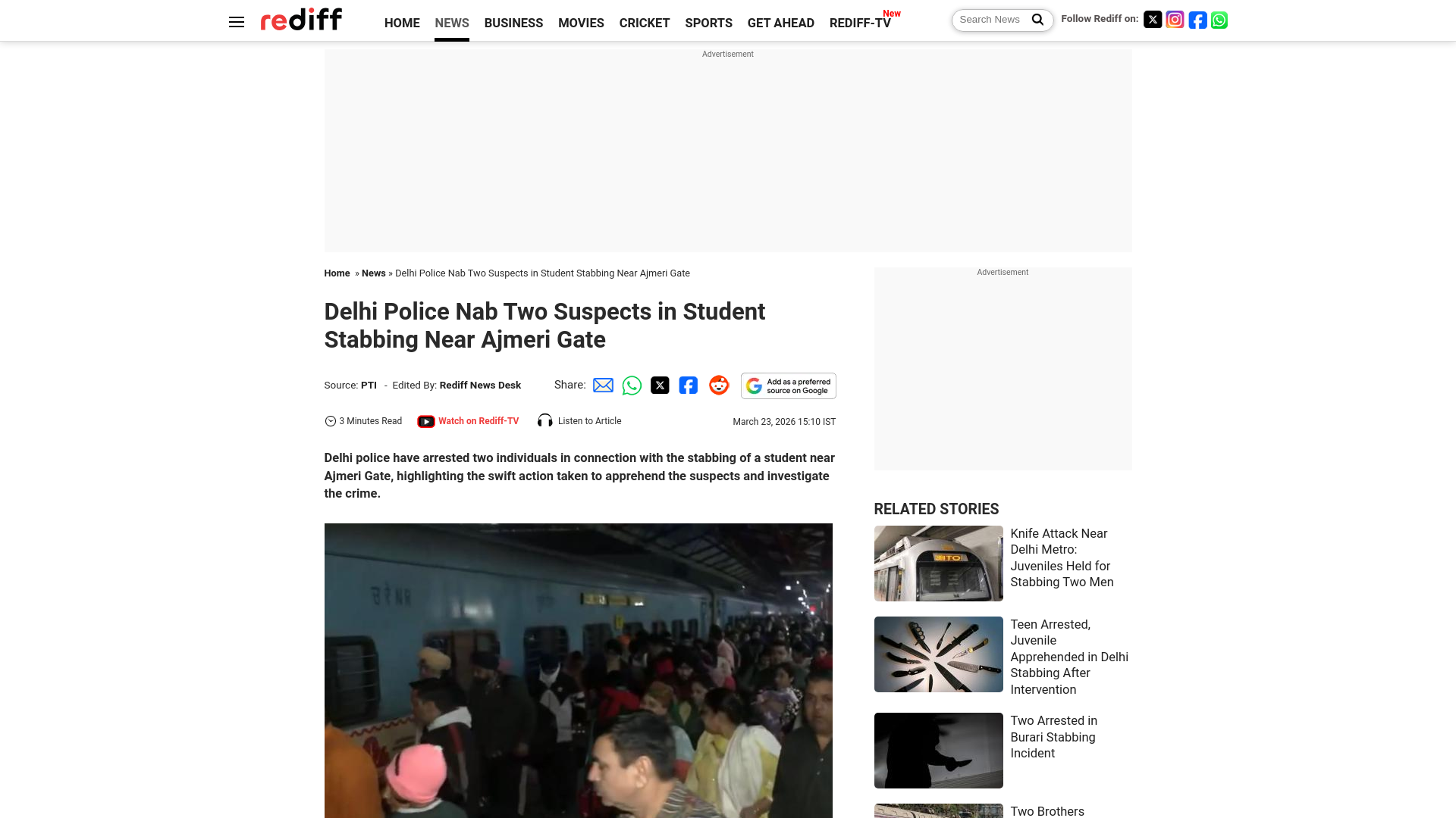 website screenshot of https://www.rediff.com/news/report/delhi-student-stabbed-near-ajmeri-gate-two-arrested/20260323.htm