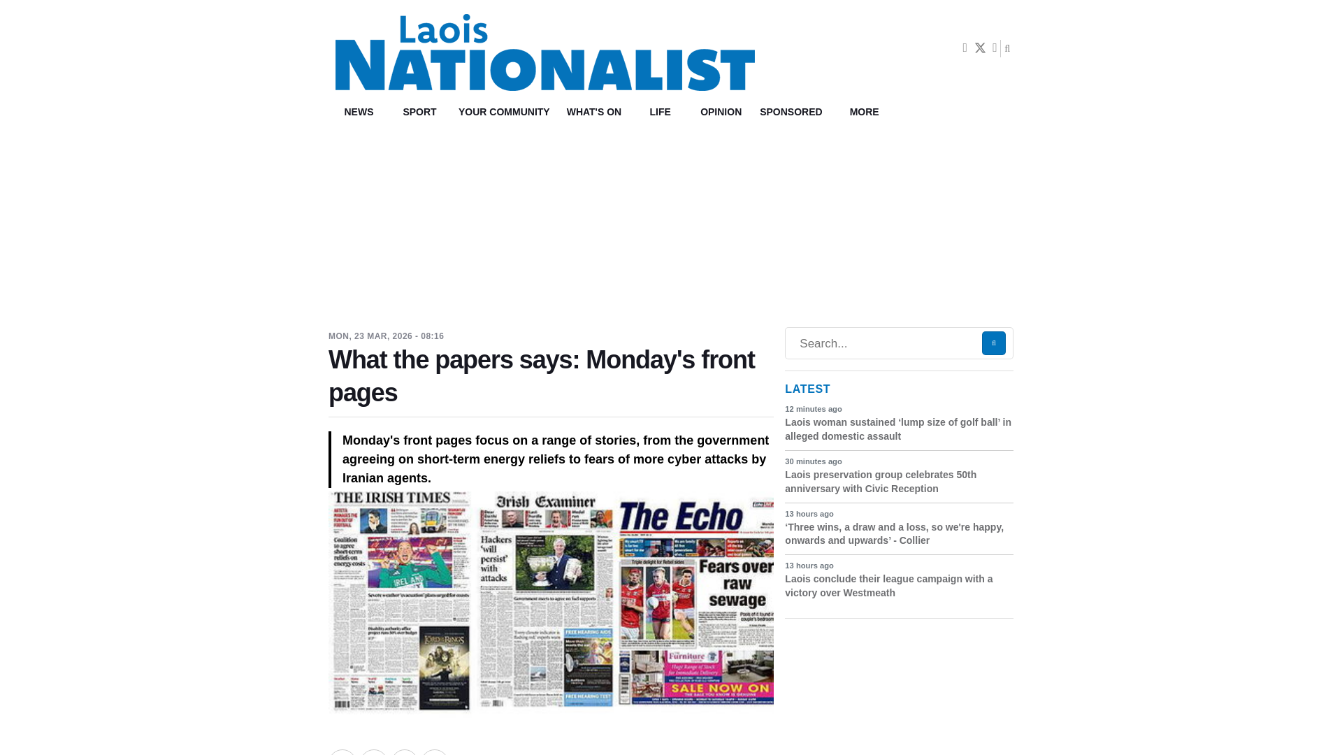 website screenshot of https://www.laois-nationalist.ie/what-the-papers-says-mondays-front-pages_arid-92017.html